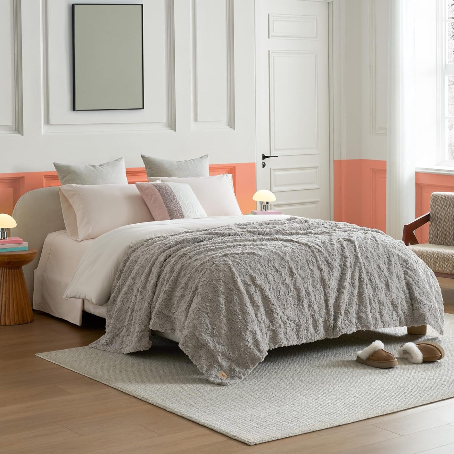 UGG Adalee Faux Fur Throw Blanket Luxury Lightweight Cozy Soft Throw for Couch Bed or Chair Hypoallergenic Machine Washable Double-Sided Fluffy Blanket Home Decor, 50-inch x 70-inch, Seal Grey