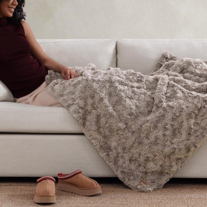 UGG Adalee Faux Fur Throw Blanket Luxury Lightweight Cozy Soft Throw for Couch Bed or Chair Hypoallergenic Machine Washable Double-Sided Fluffy Blanket Home Decor, 50-inch x 70-inch, Seal Grey