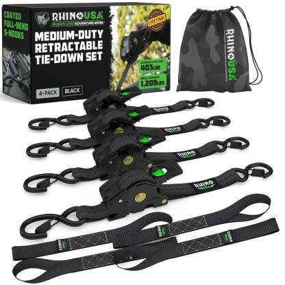 [hm]Rhino USA 1" x 10' Retractable Ratchet Straps (select 2 pack or 4 pack) - Medium Duty Self Retracting Tie Down Straps for Truck, Cargo Trailer