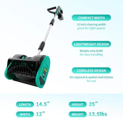 【Battery or Wired  】GARVEE 20V 12-Inch Cordless Brushless Electric Snow Shovel with 4.0Ah Battery，16.5ft Snow Throwing Distance, 4.7in Cleaning Depth for Driveway & Steps
