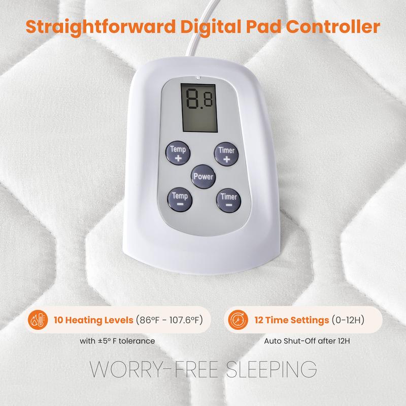 【NEW YEAR DEAL】Heated Mattress Pad – Quilted Electric Bed Warmer with 12 Heat Settings, 10‑Hour Auto Shut‑Off, Machine Washable,White