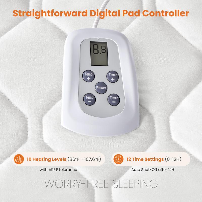 【NEW YEAR DEAL】Heated Mattress Pad – Quilted Electric Bed Warmer with 12 Heat Settings, 10‑Hour Auto Shut‑Off, Machine Washable,White