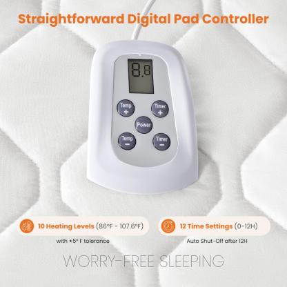 【NEW YEAR DEAL】Heated Mattress Pad – Quilted Electric Bed Warmer with 12 Heat Settings, 10‑Hour Auto Shut‑Off, Machine Washable,White