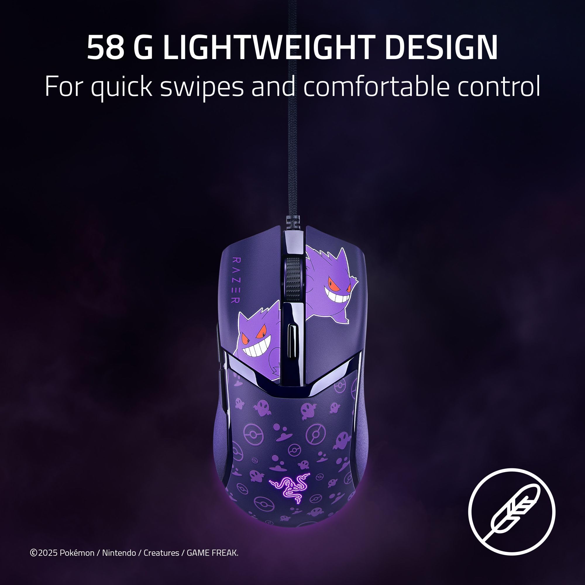 Razer Cobra Wired Gaming Mouse: 58g Lightweight - Gen-3 Optical Switches - Chroma RGB Lighting Underglow - 8500 DPI Optical Sensor - 100% PTFE Mouse Feet - Speedflex Cable - Pokemon Gengar Edition