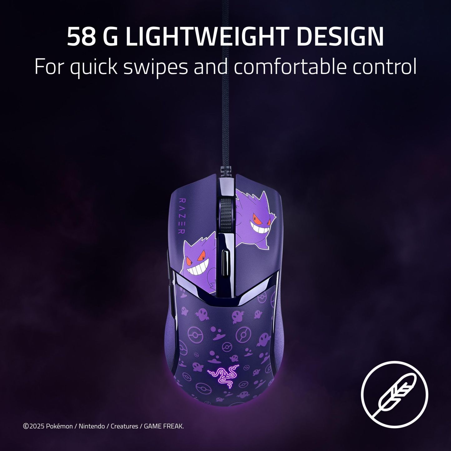 Razer Cobra Wired Gaming Mouse: 58g Lightweight - Gen-3 Optical Switches - Chroma RGB Lighting Underglow - 8500 DPI Optical Sensor - 100% PTFE Mouse Feet - Speedflex Cable - Pokemon Gengar Edition