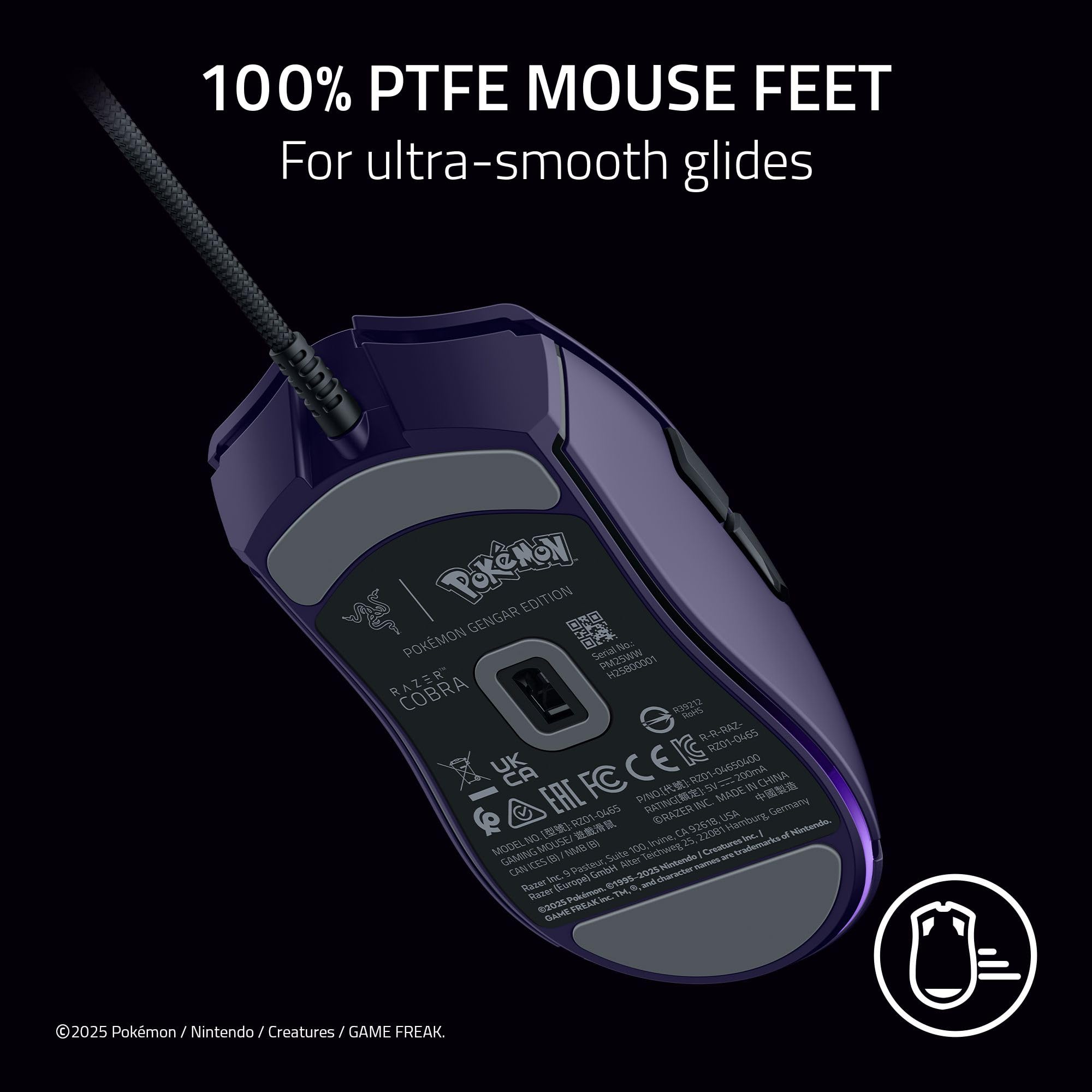 Razer Cobra Wired Gaming Mouse: 58g Lightweight - Gen-3 Optical Switches - Chroma RGB Lighting Underglow - 8500 DPI Optical Sensor - 100% PTFE Mouse Feet - Speedflex Cable - Pokemon Gengar Edition