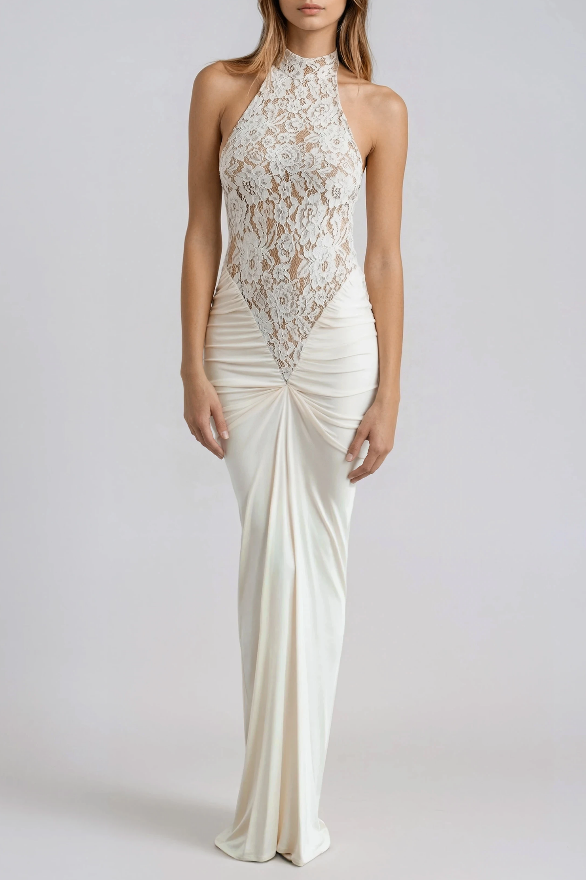 Ģirts Halter Neck Ruch Lace Maxi Dress