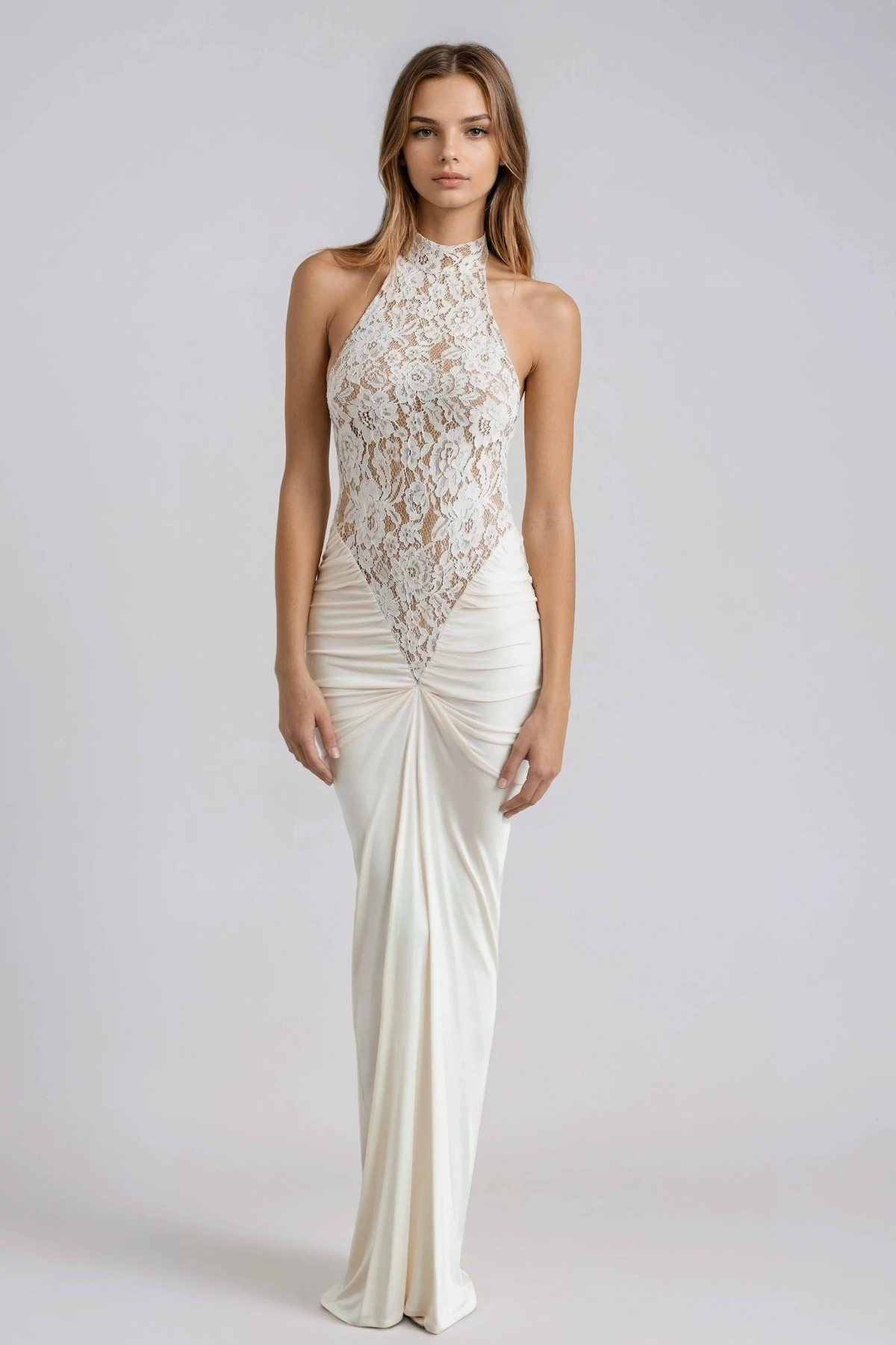 Ģirts Halter Neck Ruch Lace Maxi Dress