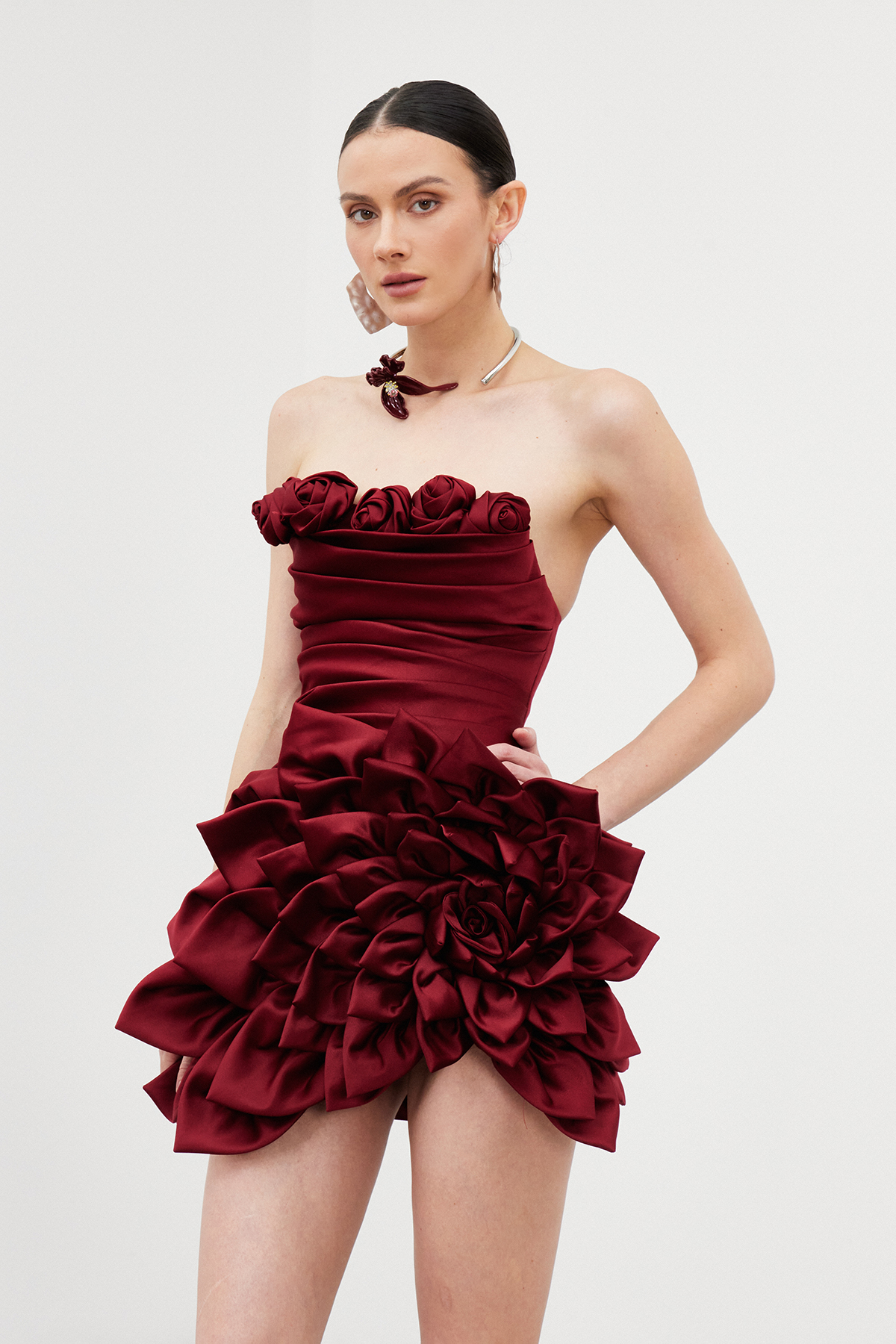 İbrahim Flower Strapless Mini Dress In Wine