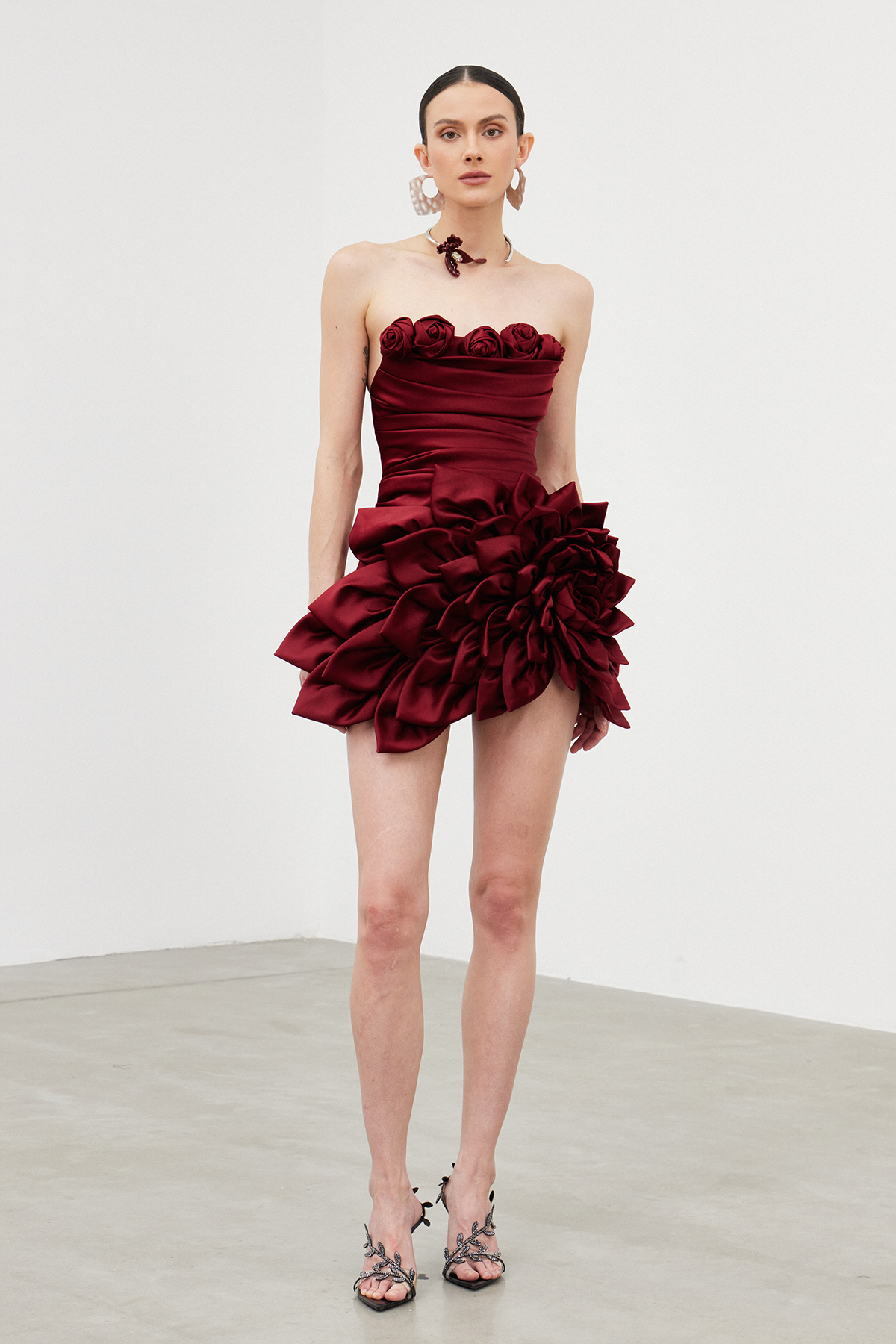 İbrahim Flower Strapless Mini Dress In Wine