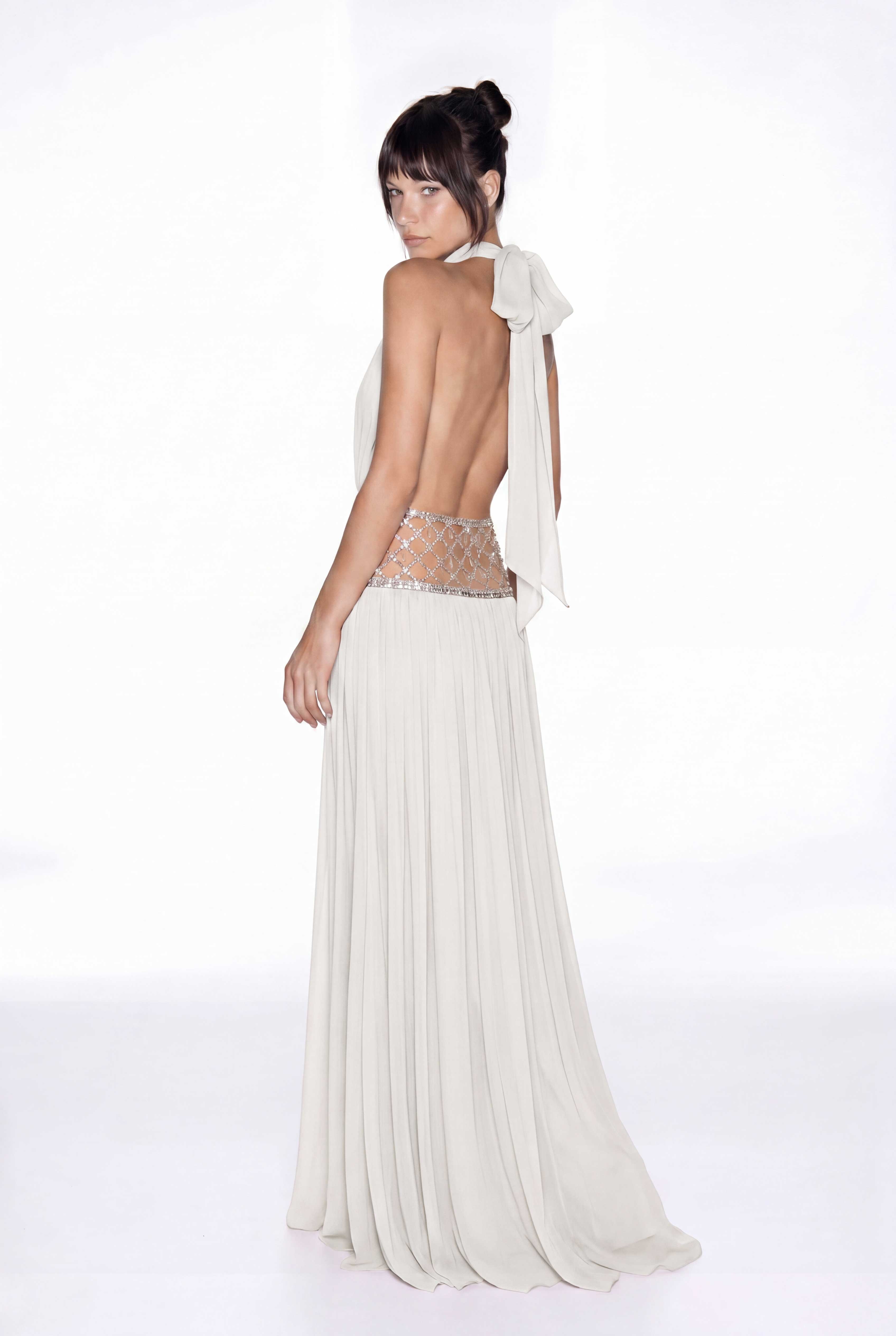 Hani Halterneck Ruched Crystal Split Maxi Dress
