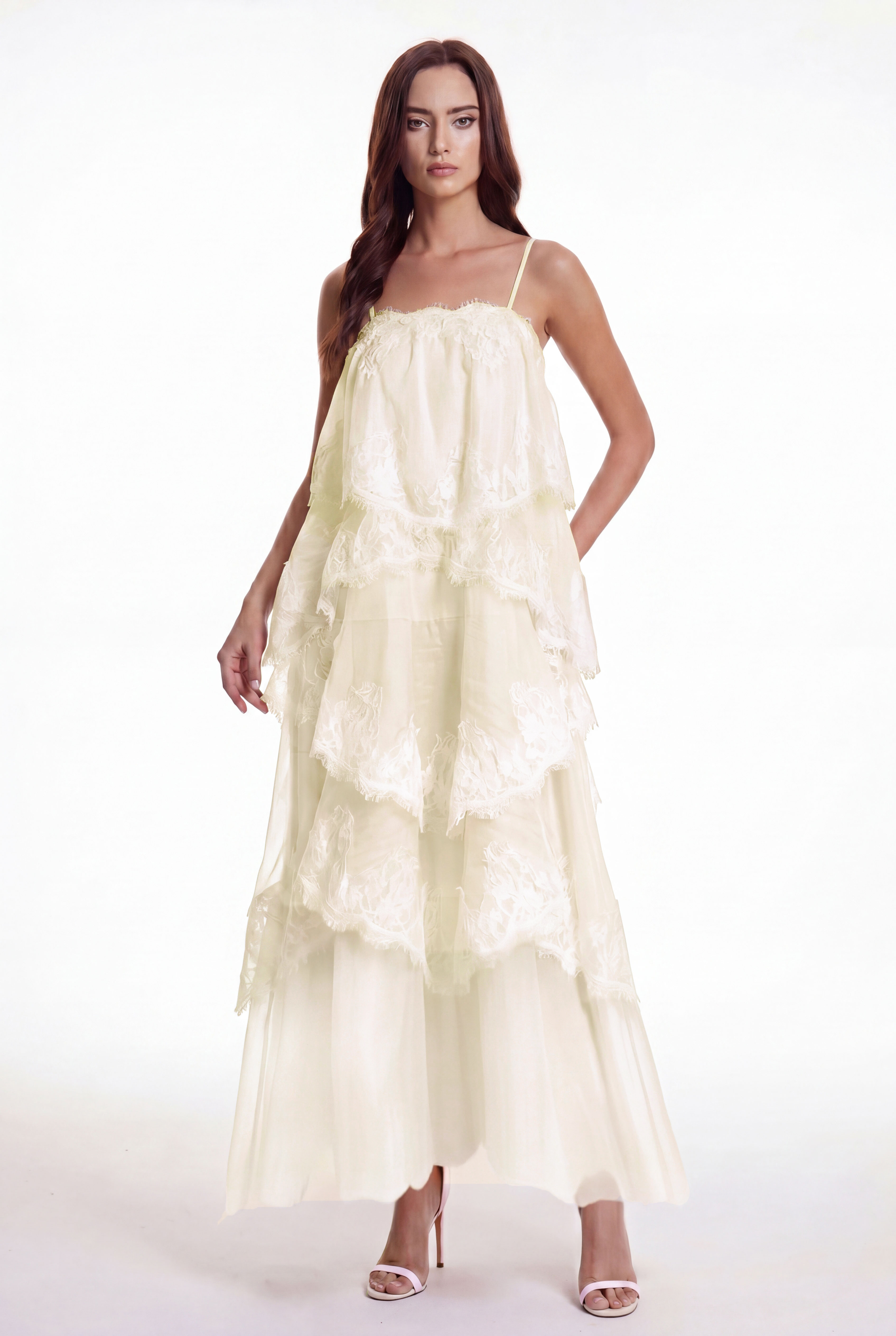 Drummond Spaghetti Lace Maxi Tiered Dress In Apricot