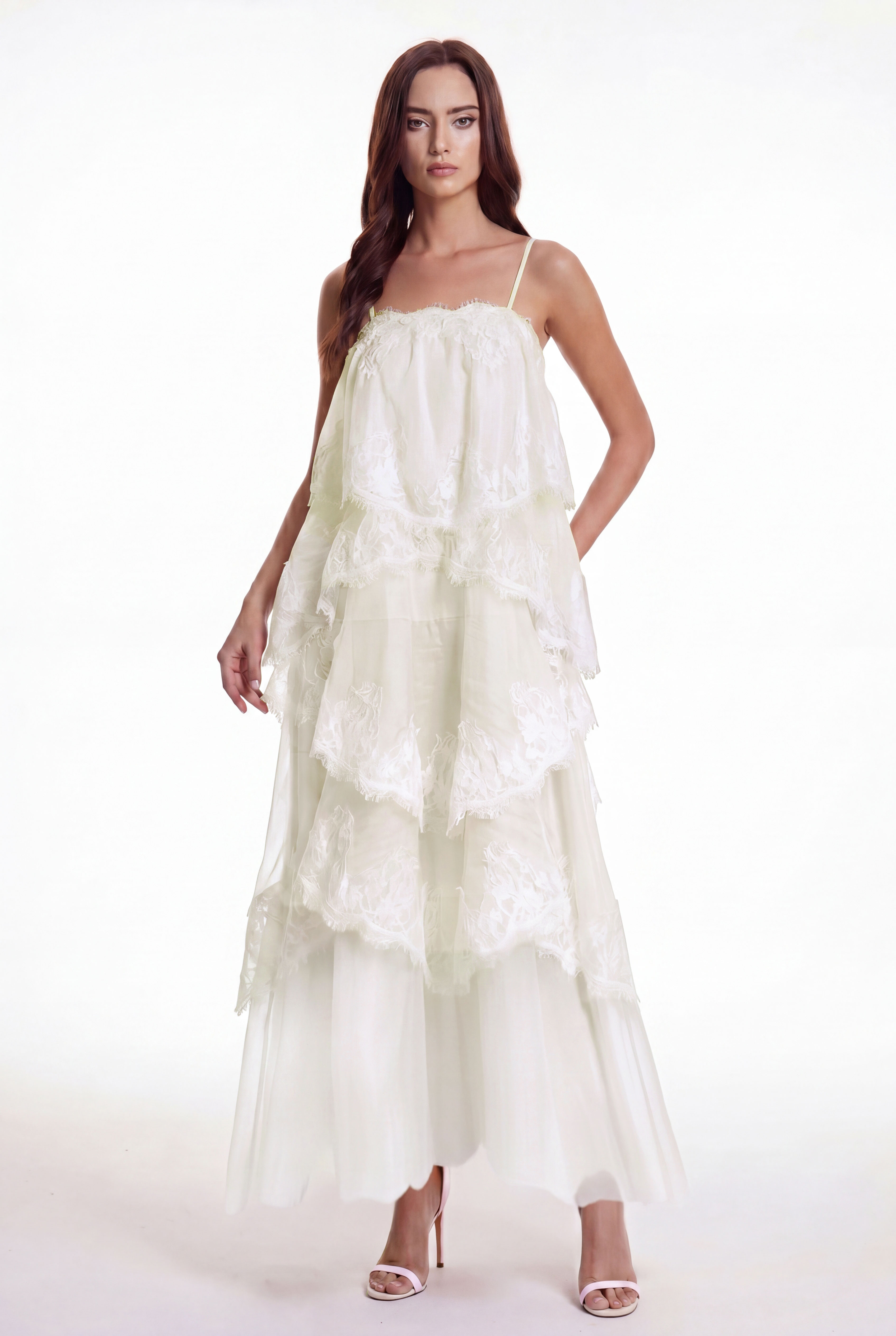 Drummond Spaghetti Lace Maxi Tiered Dress In White