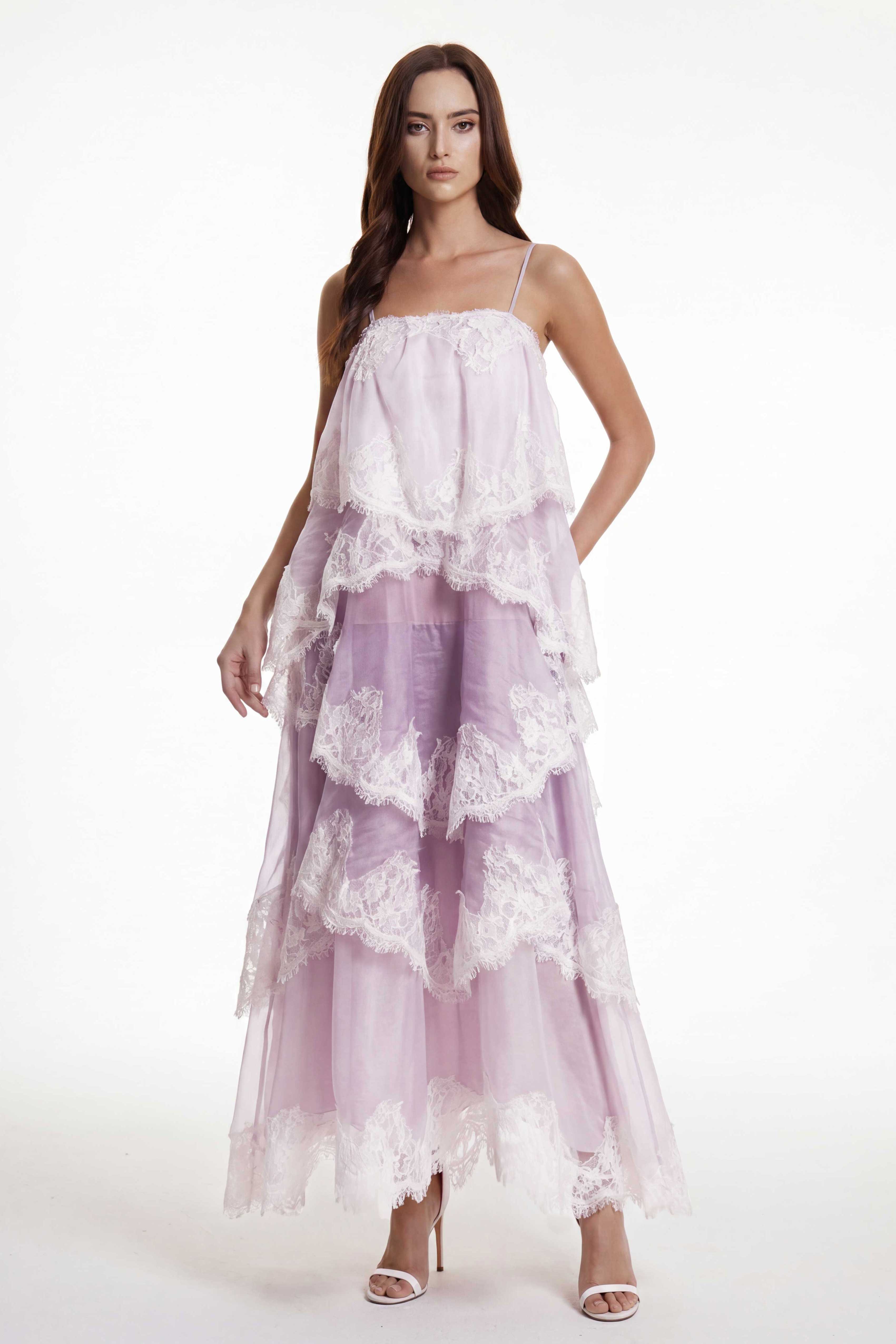 Drummond Spaghetti Hayley Lace Maxi Tiered Dress In Purple