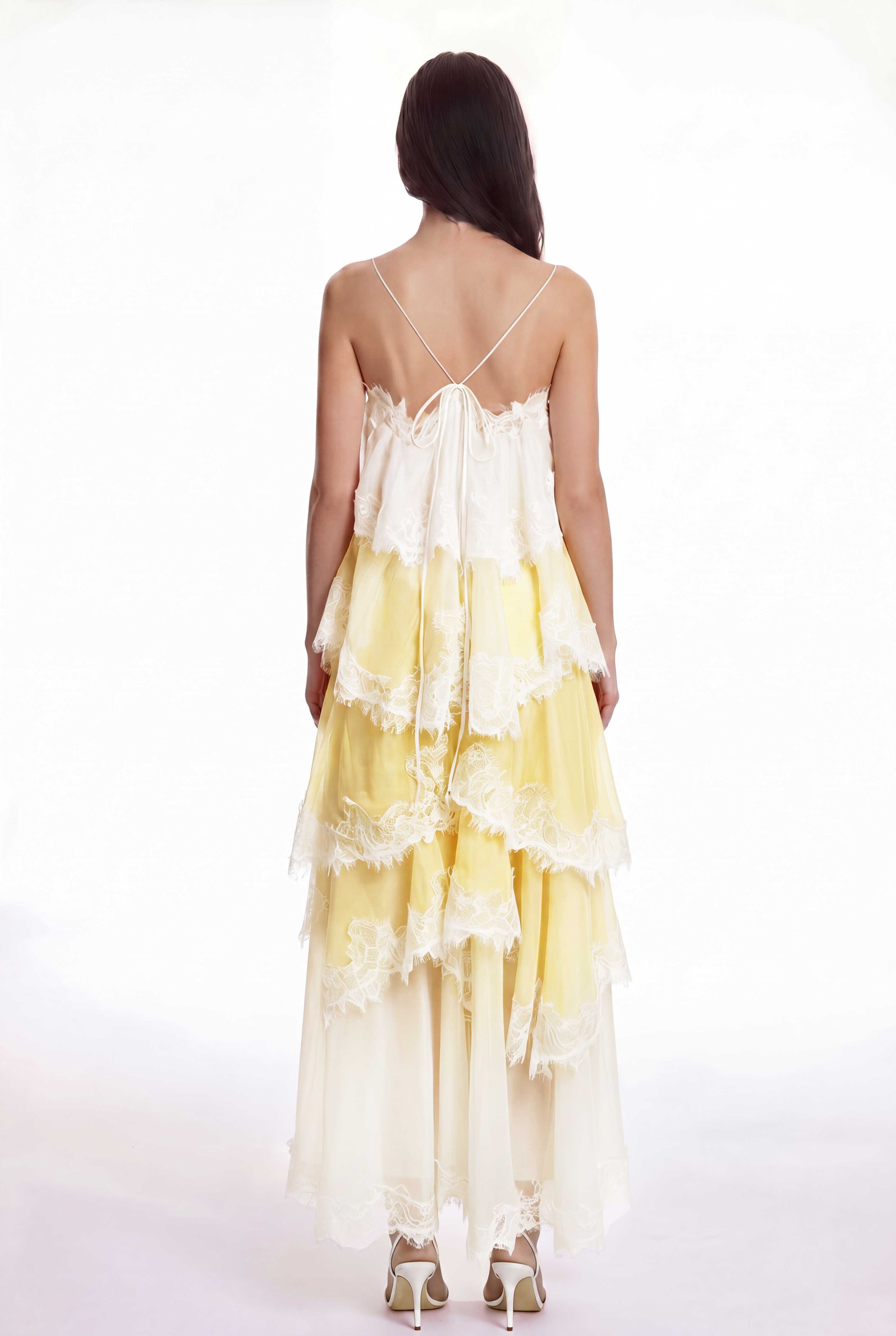 Drummond Spaghetti Hayley Lace Maxi Tiered Dress In Yellow