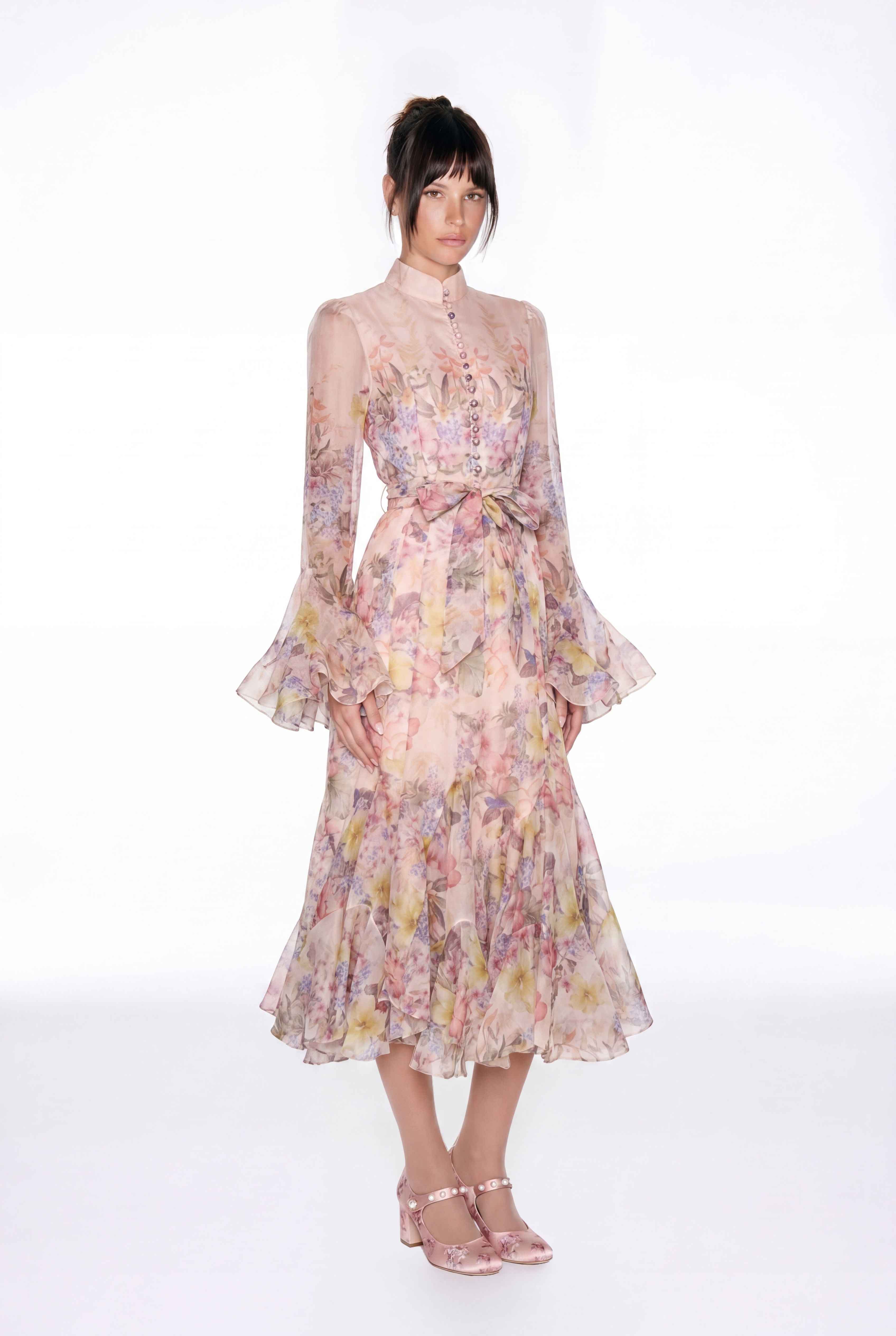 Giselbert Floral Bell Sleeve Ruffle Midi Dress