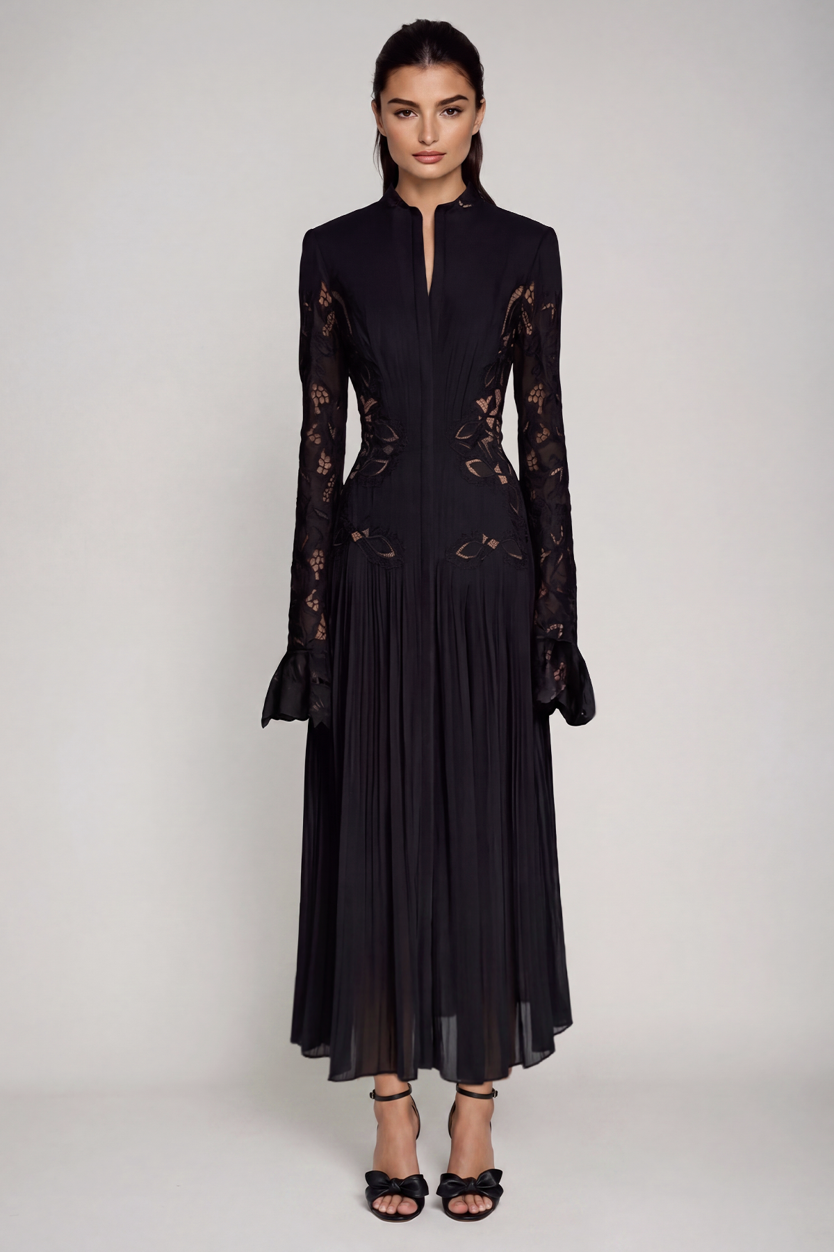 Caesarius Embroidered Ruch Lace Maxi Dress In Black