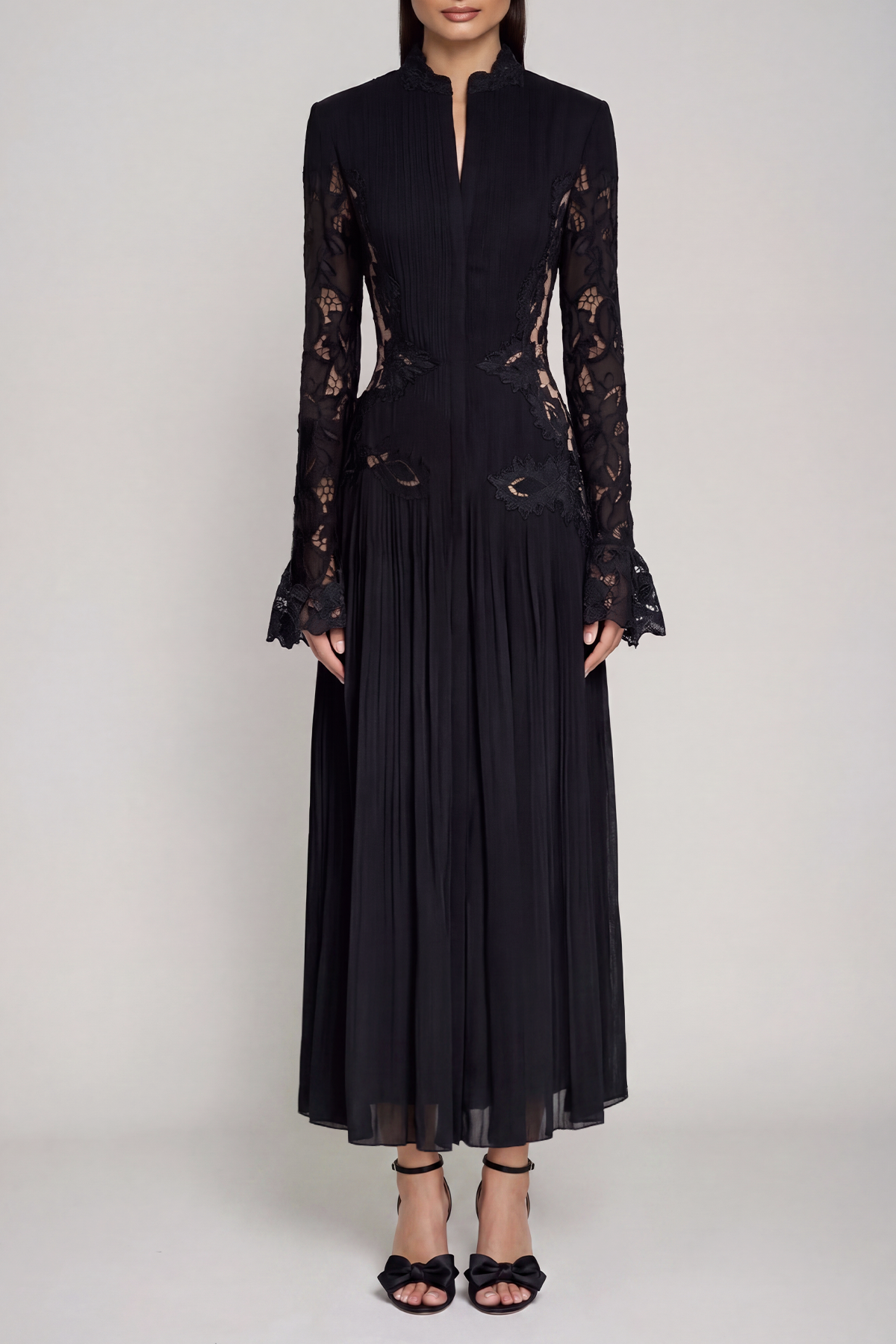 Caesarius Embroidered Ruch Lace Maxi Dress In Black