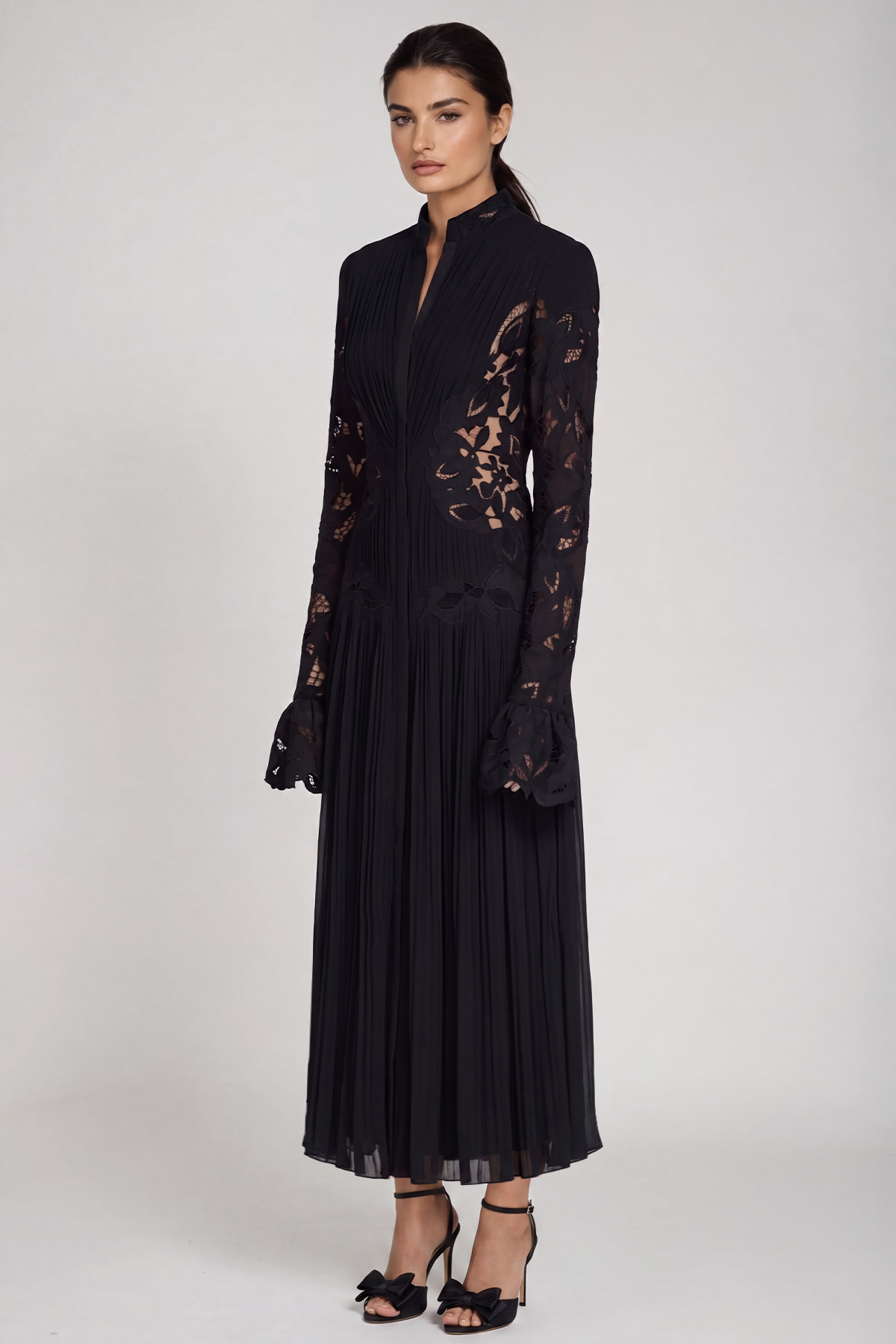 Caesarius Embroidered Ruch Lace Maxi Dress In Black