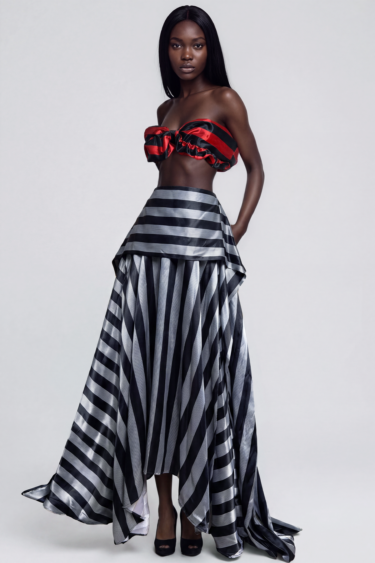  Inta Stripe Ruch Skirt Set In Red