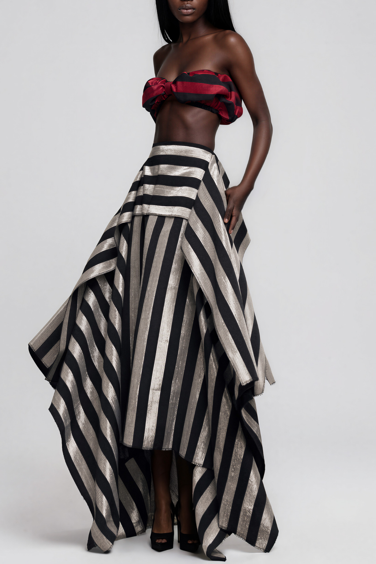  Inta Stripe Ruch Skirt Set In Red