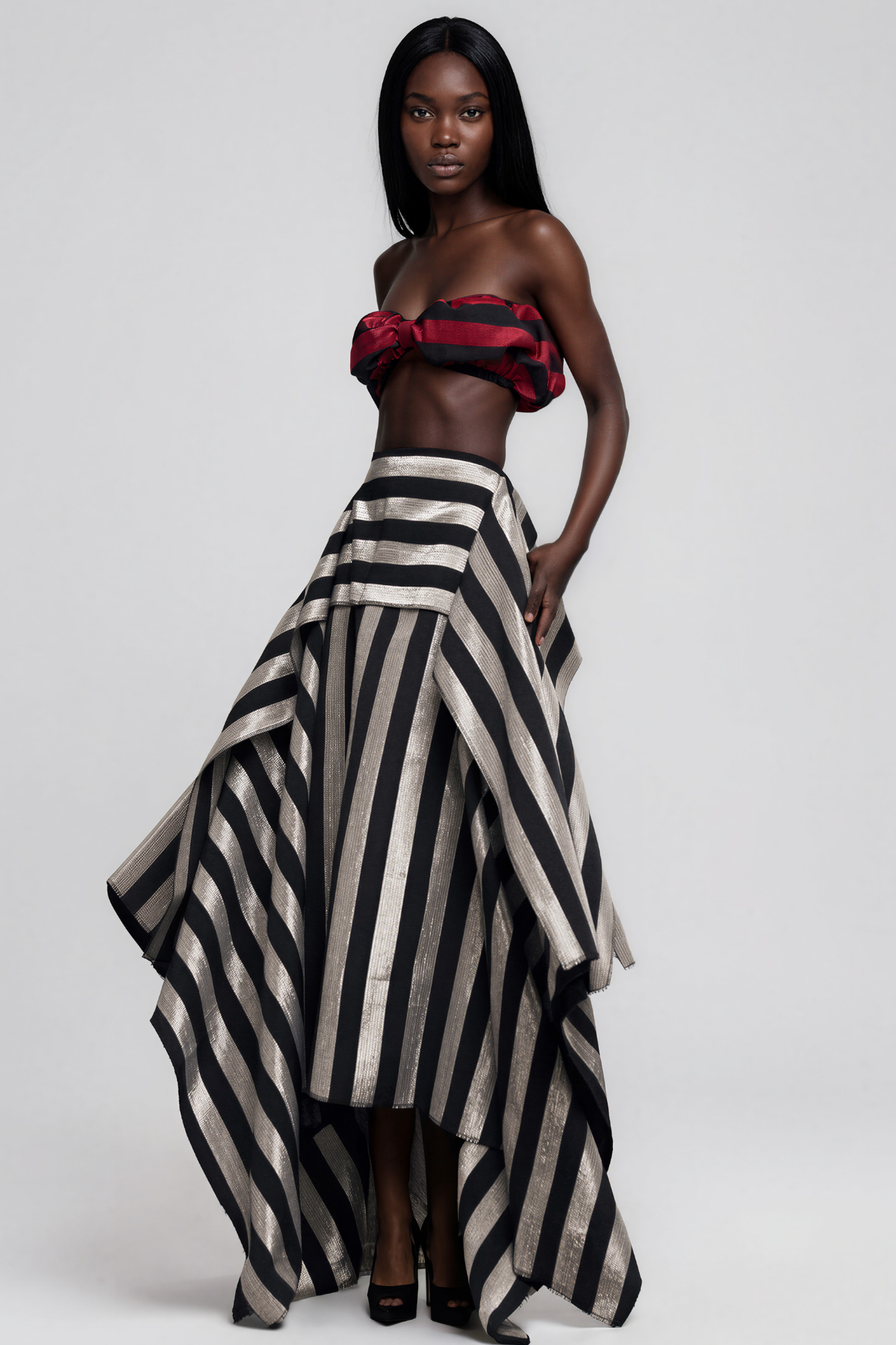  Inta Stripe Ruch Skirt Set In Red