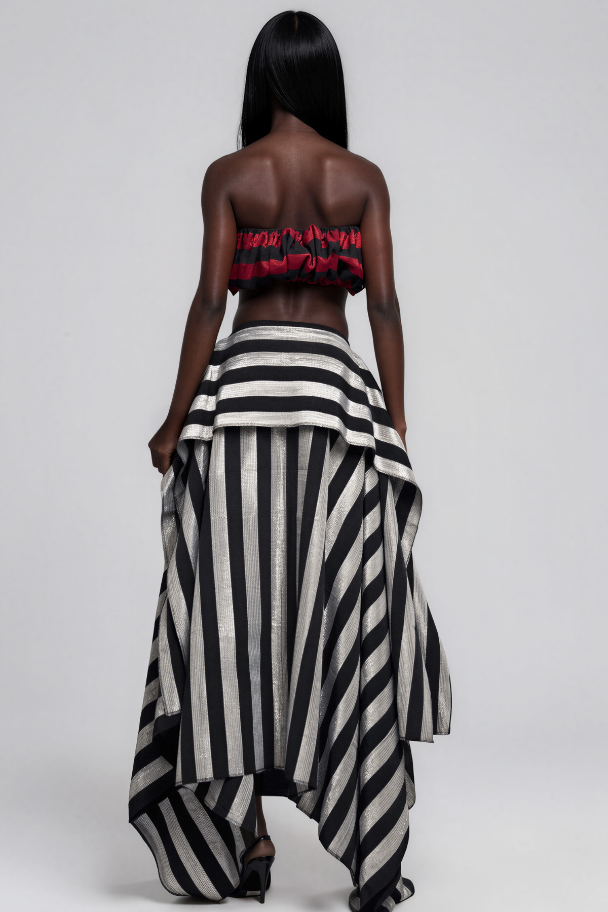  Inta Stripe Ruch Skirt Set In Red
