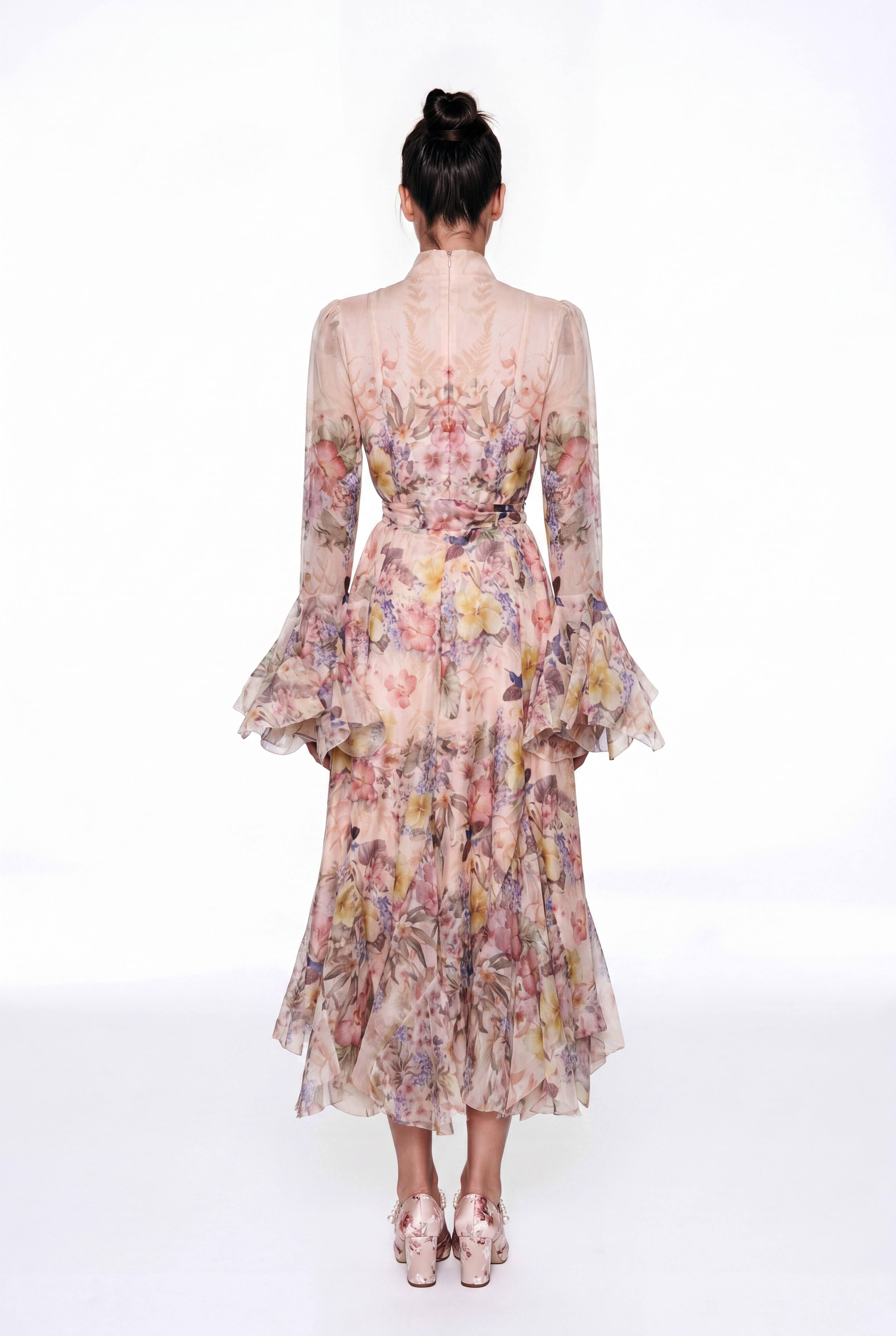 Giselbert Floral Bell Sleeve Ruffle Midi Dress