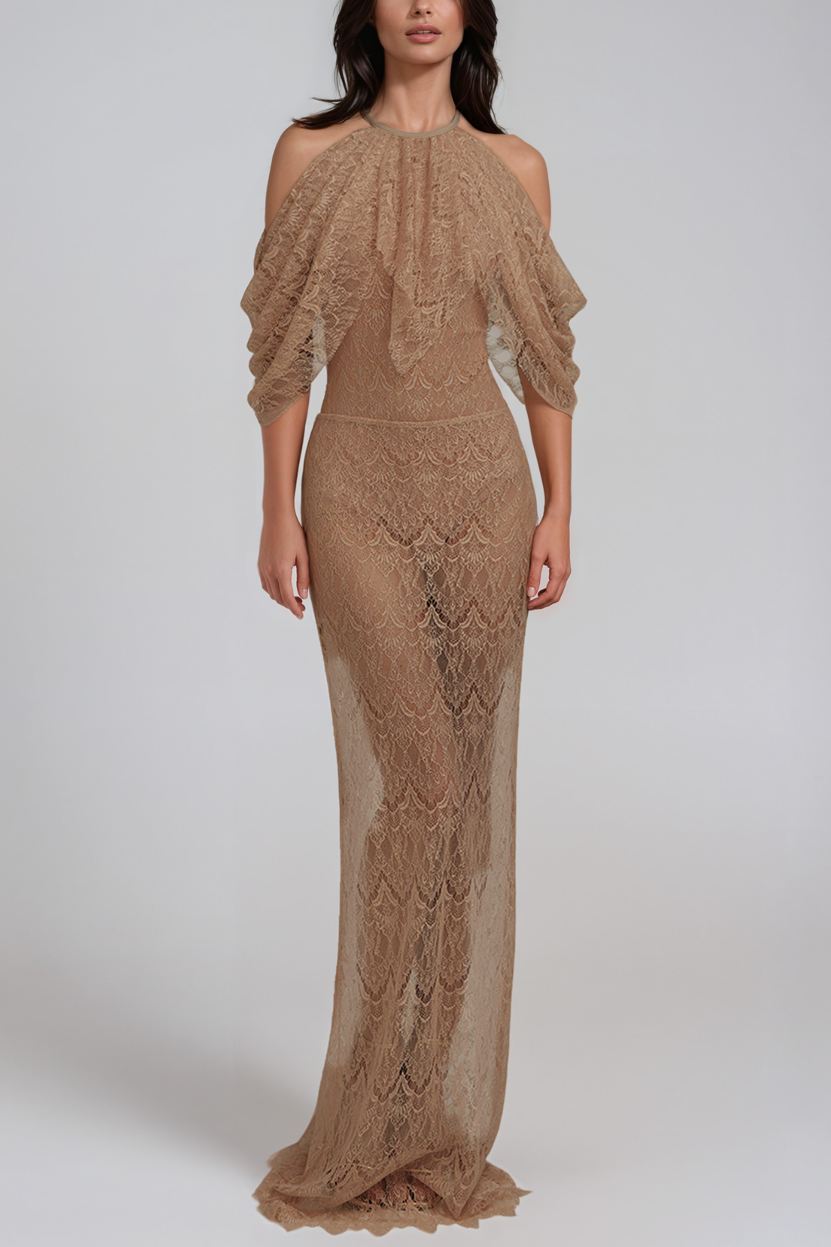 Hisako Halter Neck Lace Ruffle Maxi Dress