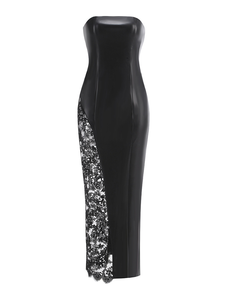 Jaume Strapless Leather Lace Maxi Dress
