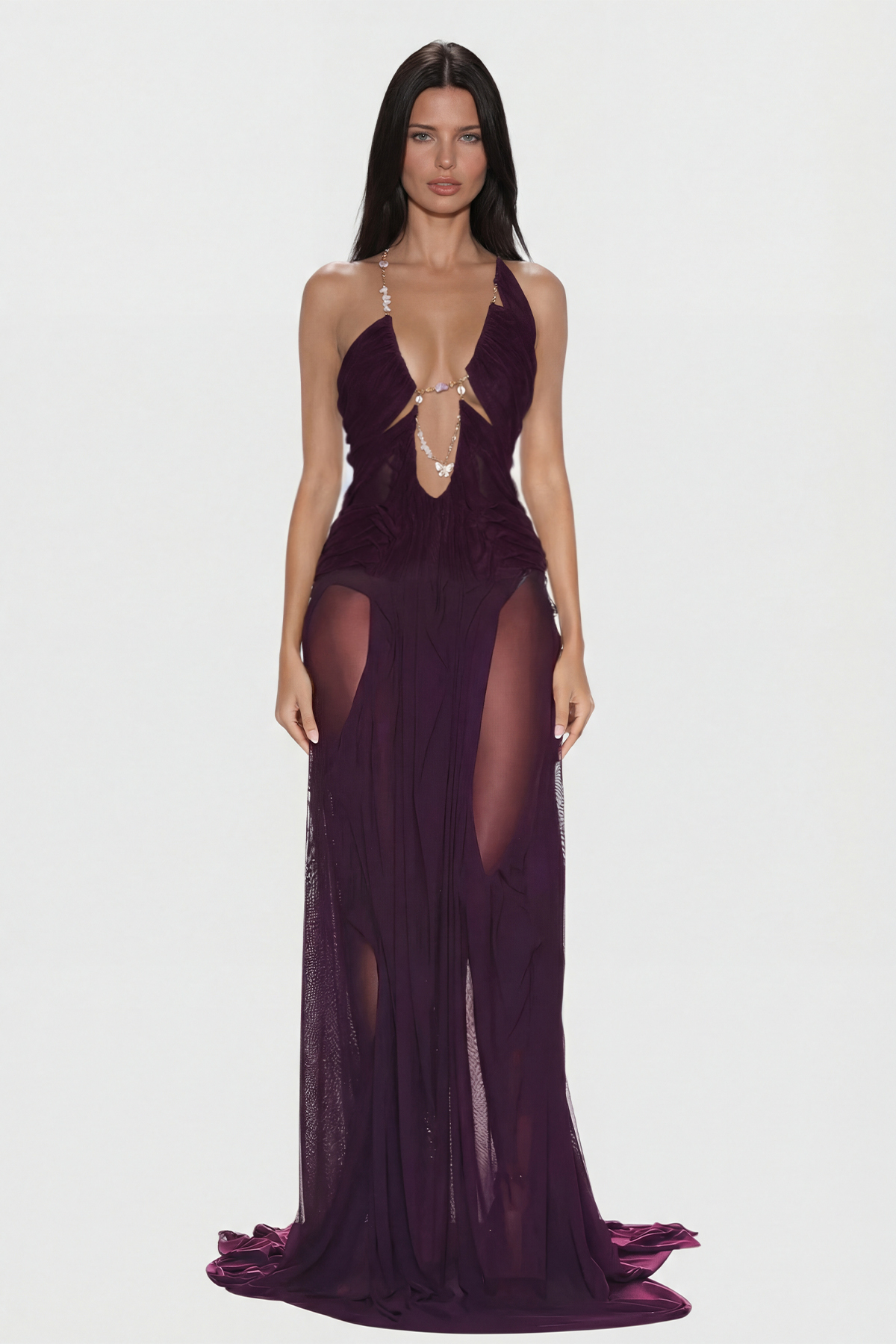 Davis Plunge Chain Asymmetric Maxi Dress In Deep Purple