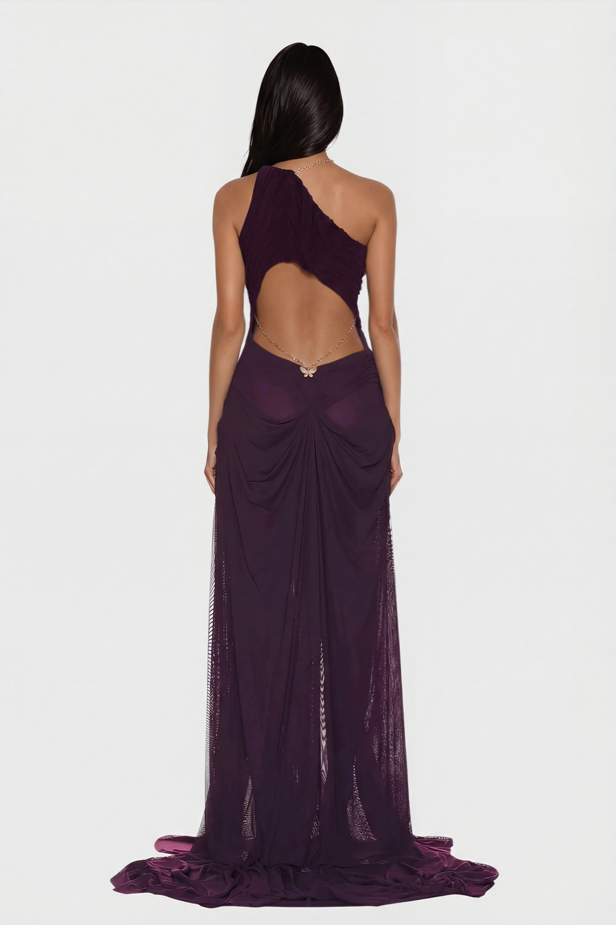 Davis Plunge Chain Asymmetric Maxi Dress In Deep Purple