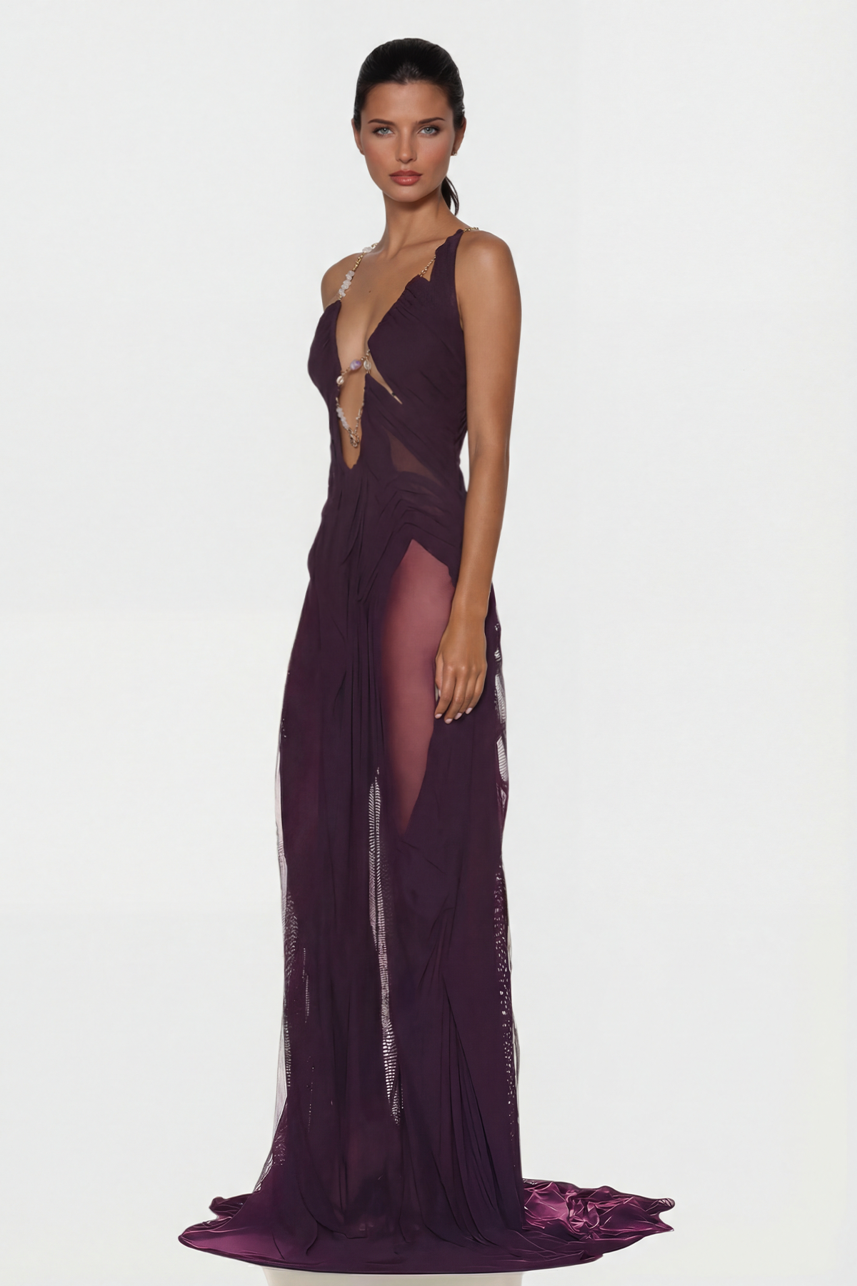 Davis Plunge Chain Asymmetric Maxi Dress In Deep Purple