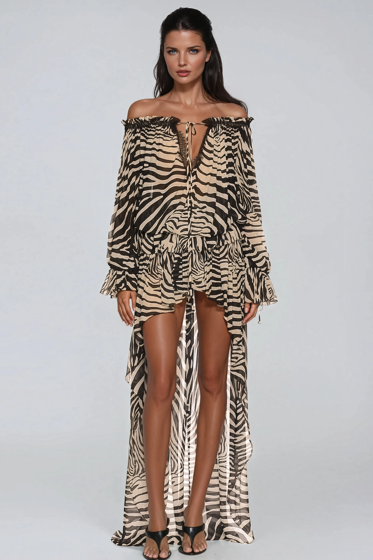 Flavienne Off Shoulder Zebra Print Skirt Set In Brown