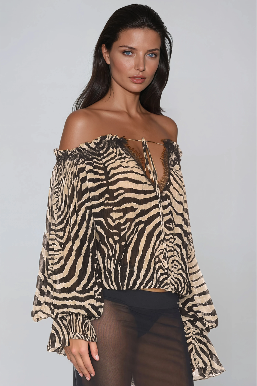 Flavienne Off Shoulder Zebra Print Skirt Set In Brown