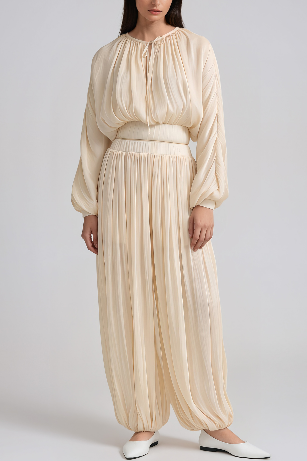Hermenegild Balloon Sleeve Ruch Pants Set 