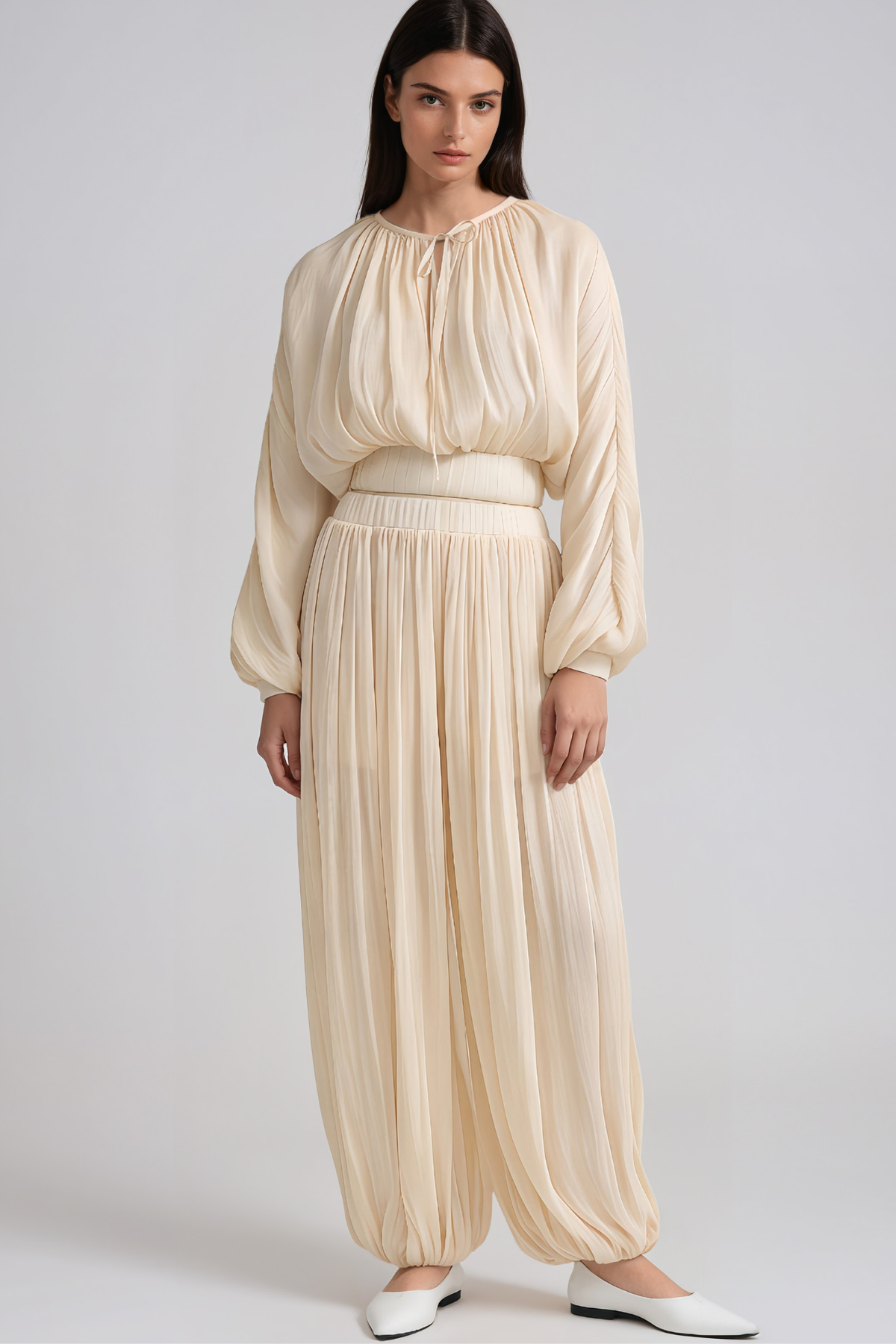 Hermenegild Balloon Sleeve Ruch Pants Set 
