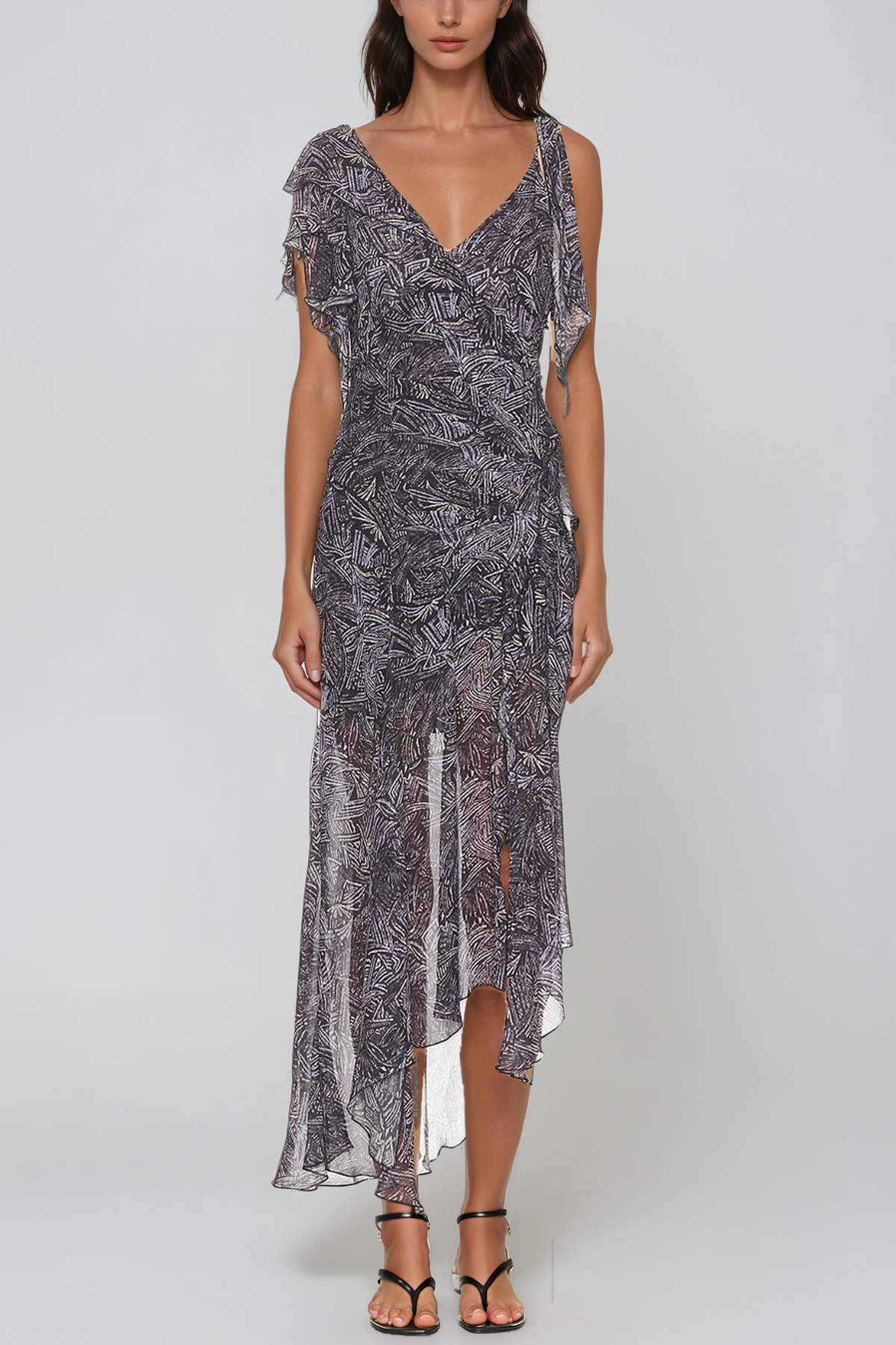 Herve Asymmetric Print Ruffle Midi Dress