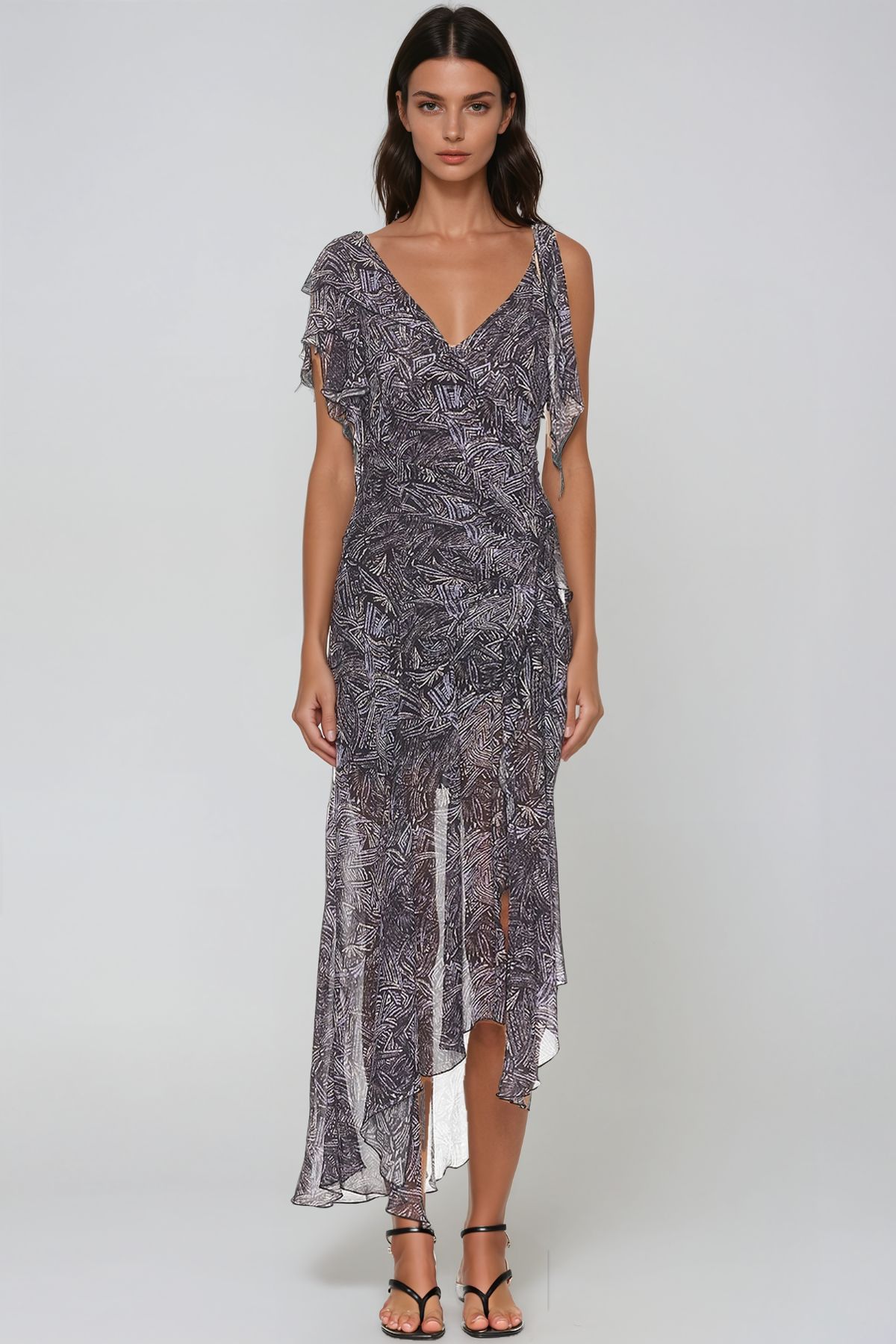 Herve Asymmetric Print Ruffle Midi Dress