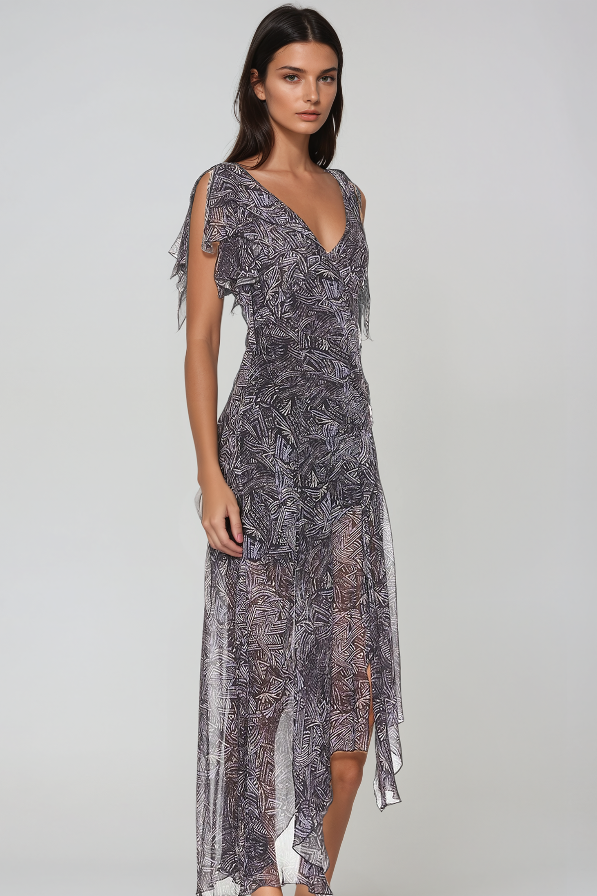 Herve Asymmetric Print Ruffle Midi Dress