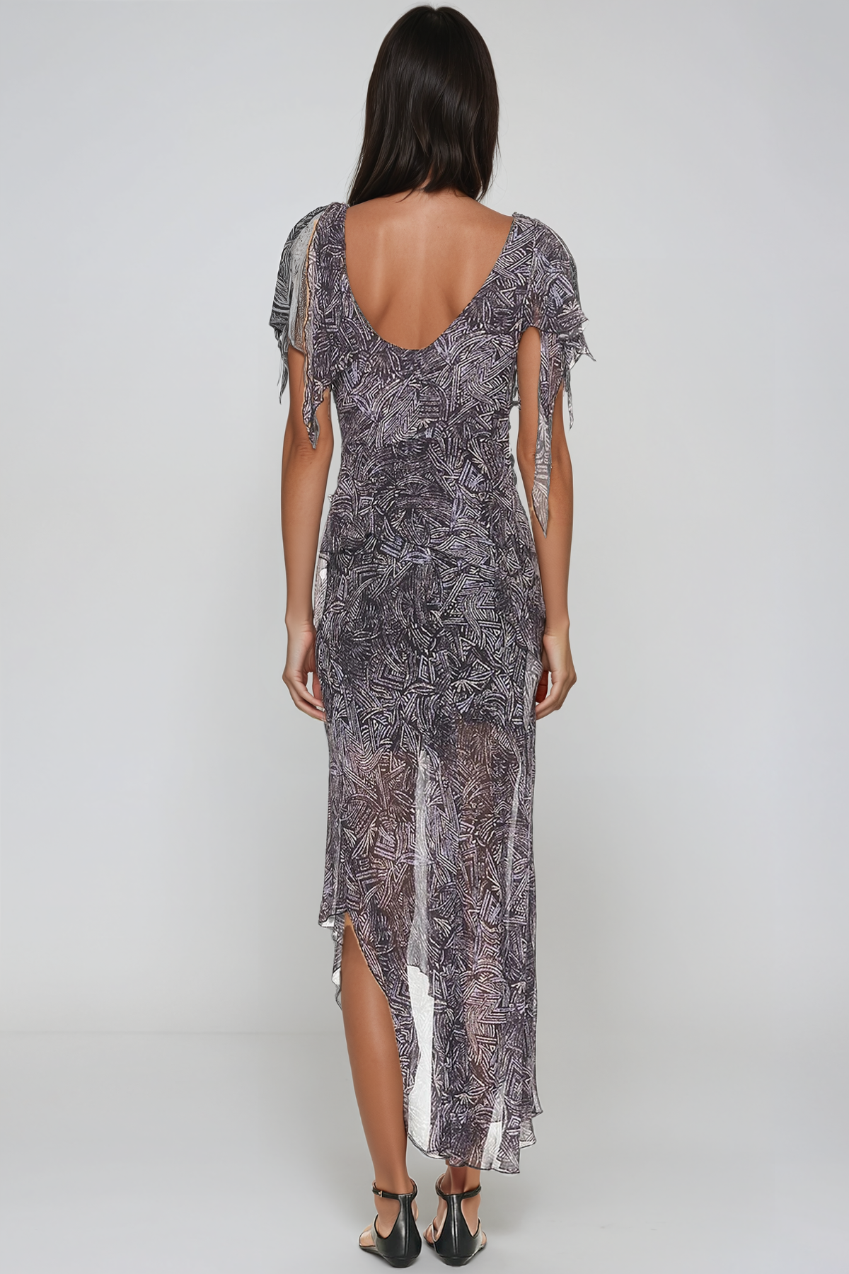 Herve Asymmetric Print Ruffle Midi Dress