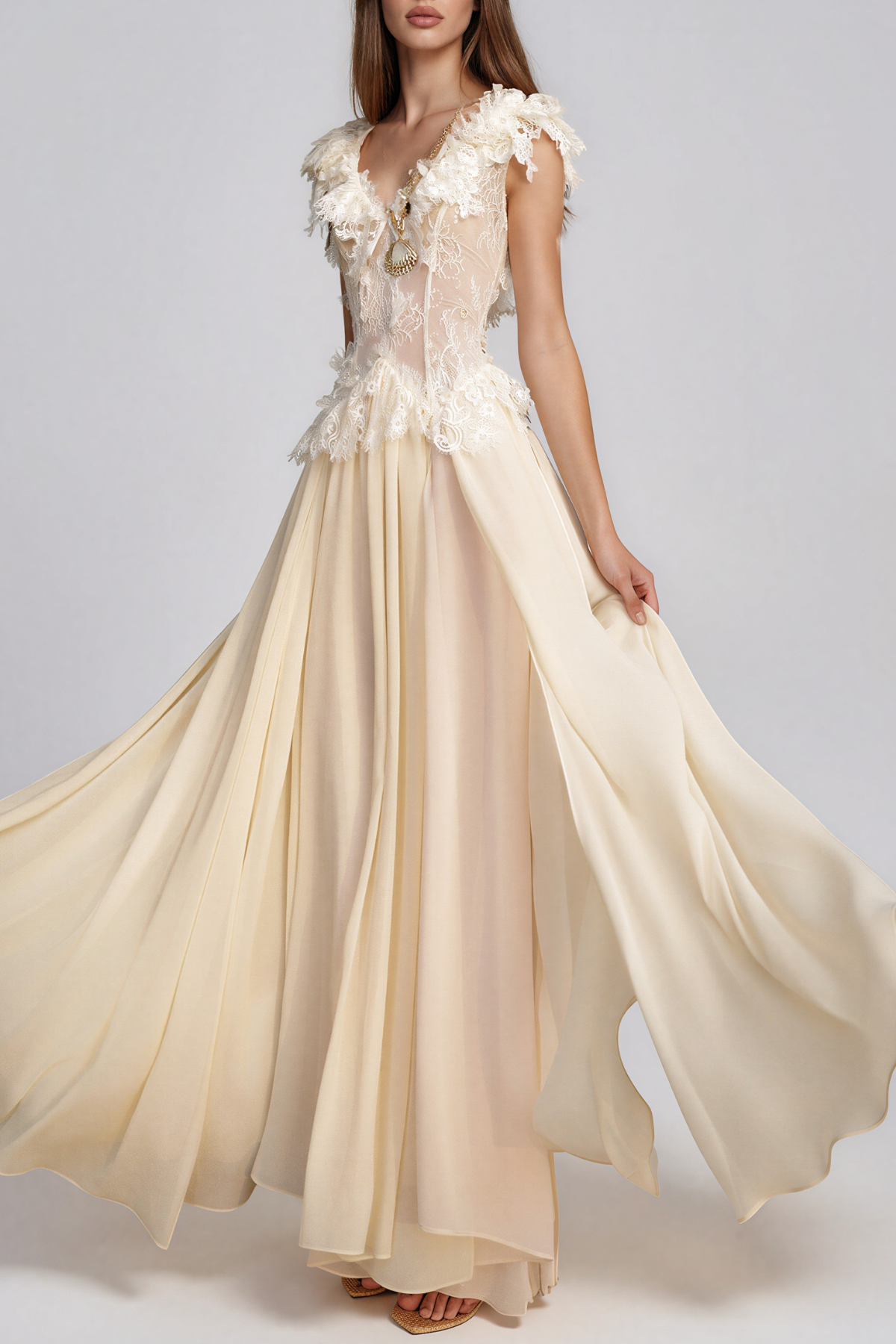 Kahikina V Neck Ruffle Lace Maxi Dress