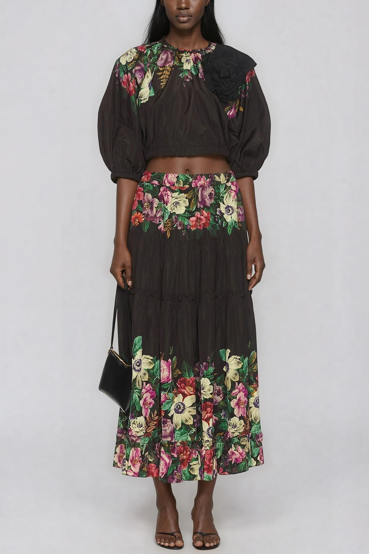 Giotto Balloon Sleeve Flower Ruch Skirt Set