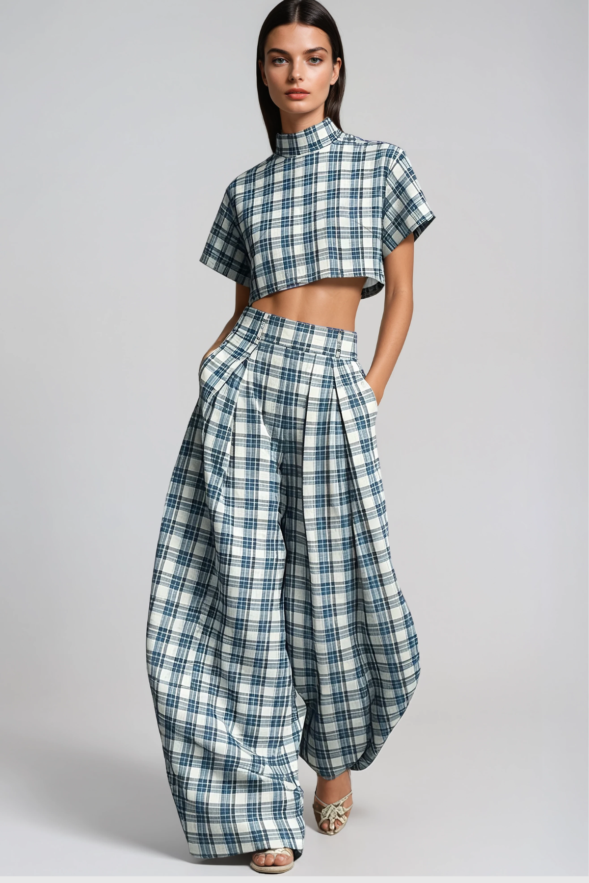 Hapi Plaid Crop Baggy Pants Set