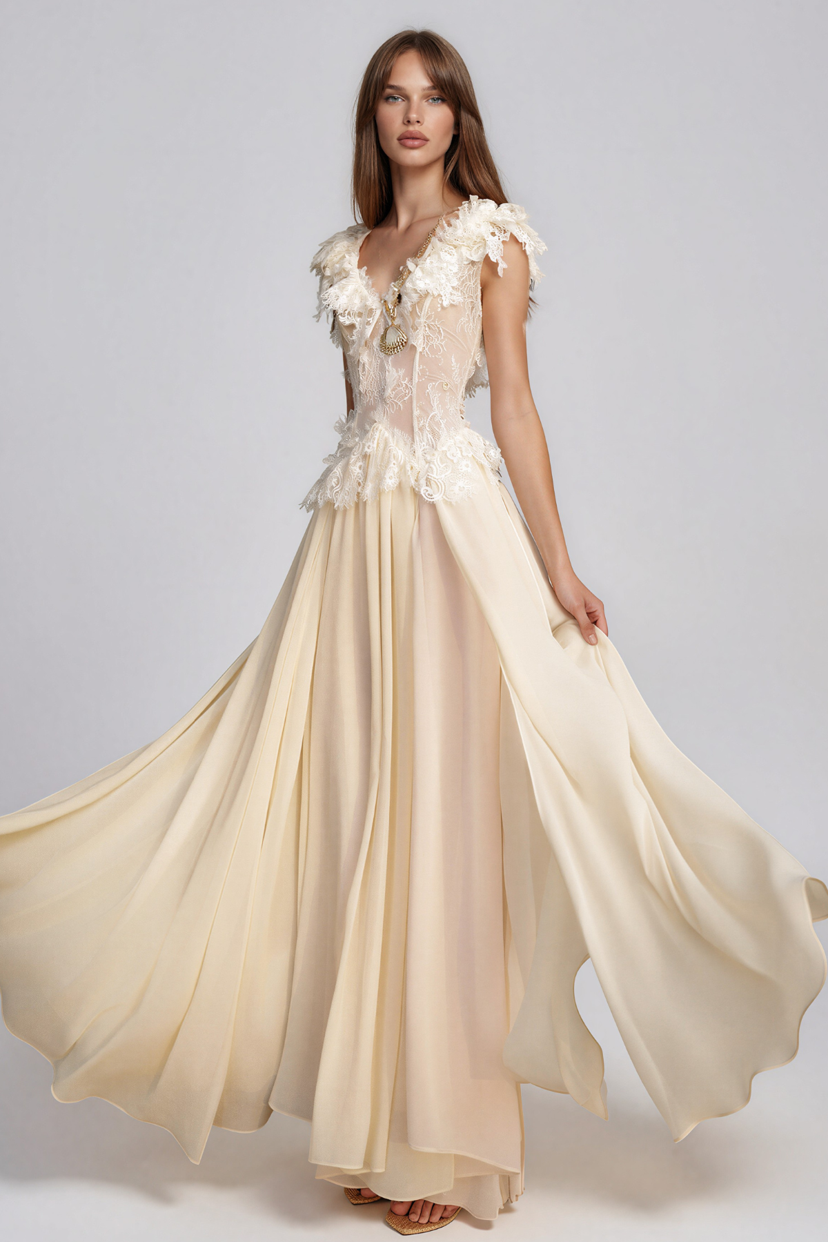 Kahikina V Neck Ruffle Lace Maxi Dress