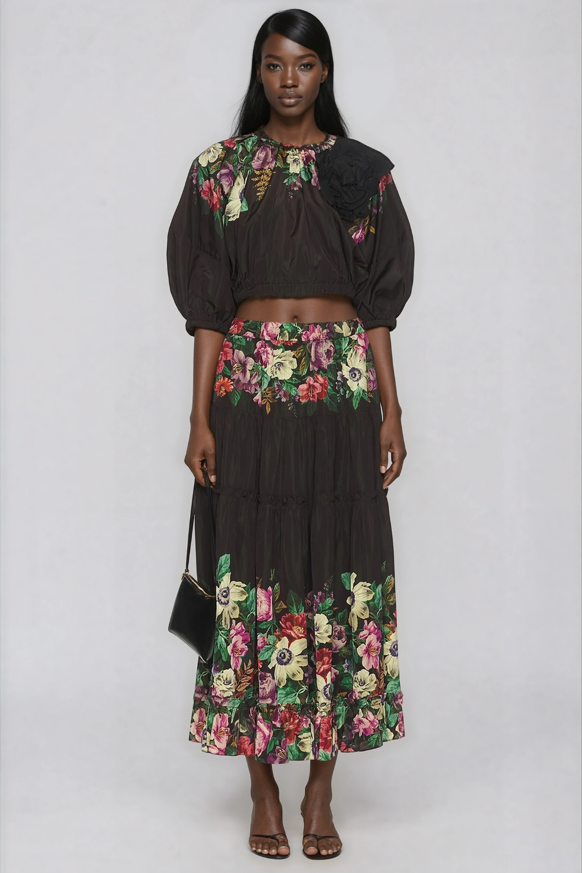 Giotto Balloon Sleeve Flower Ruch Skirt Set