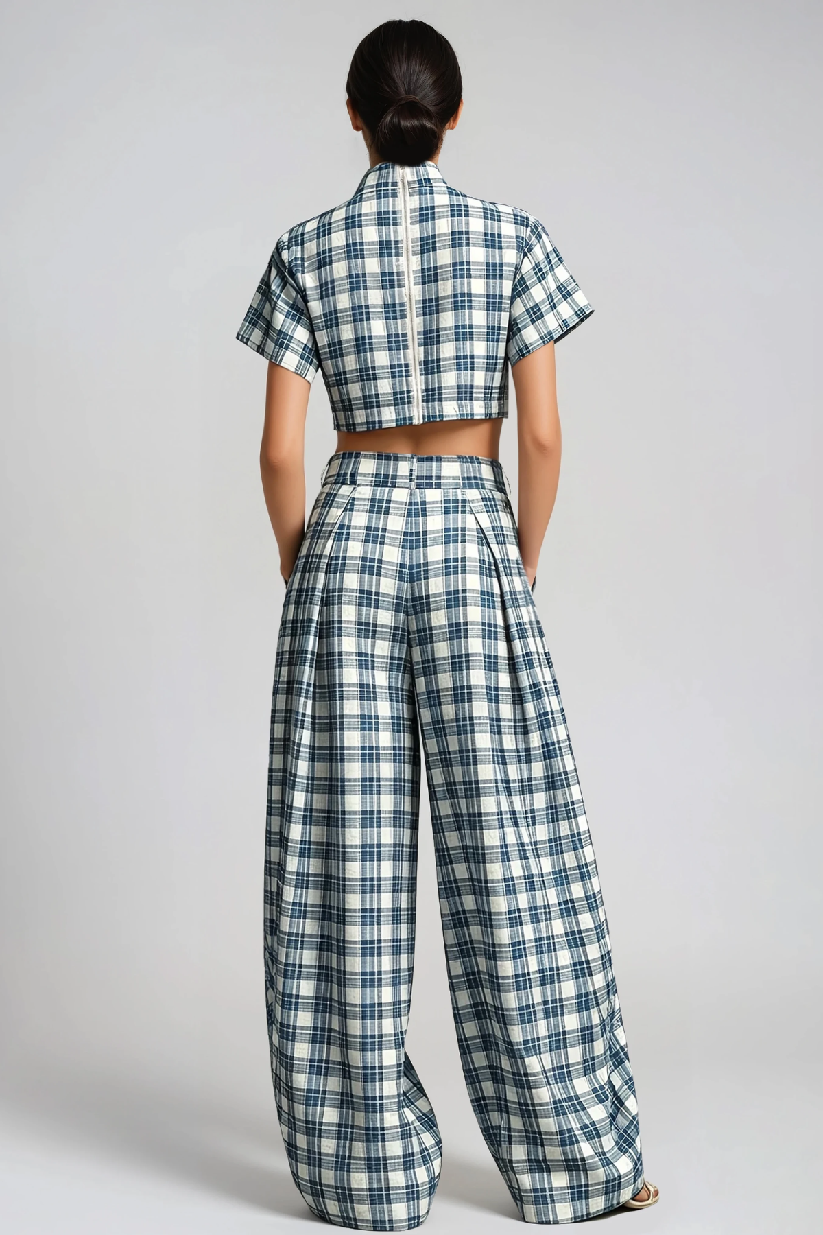Hapi Plaid Crop Baggy Pants Set