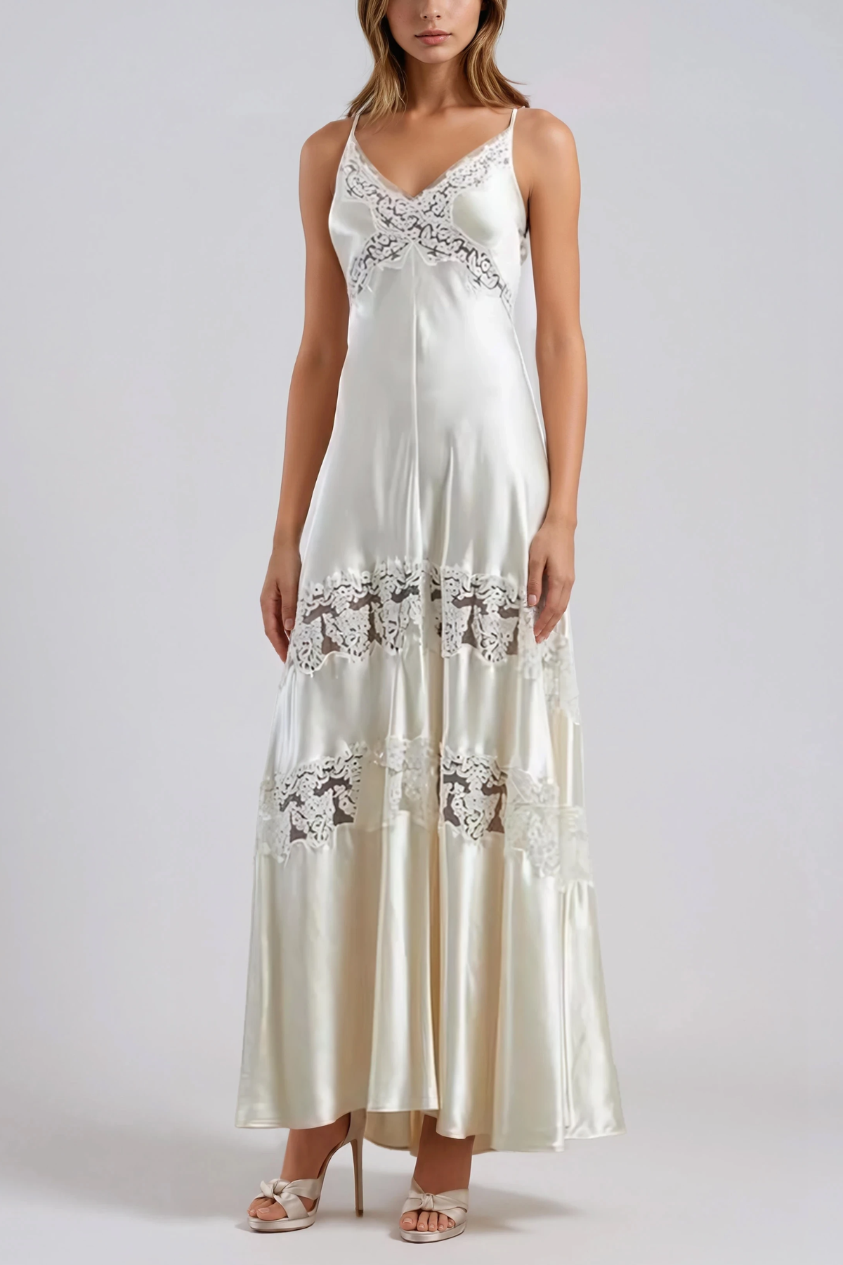 Hamidah Spaghetti Satin Lace Maxi Dress