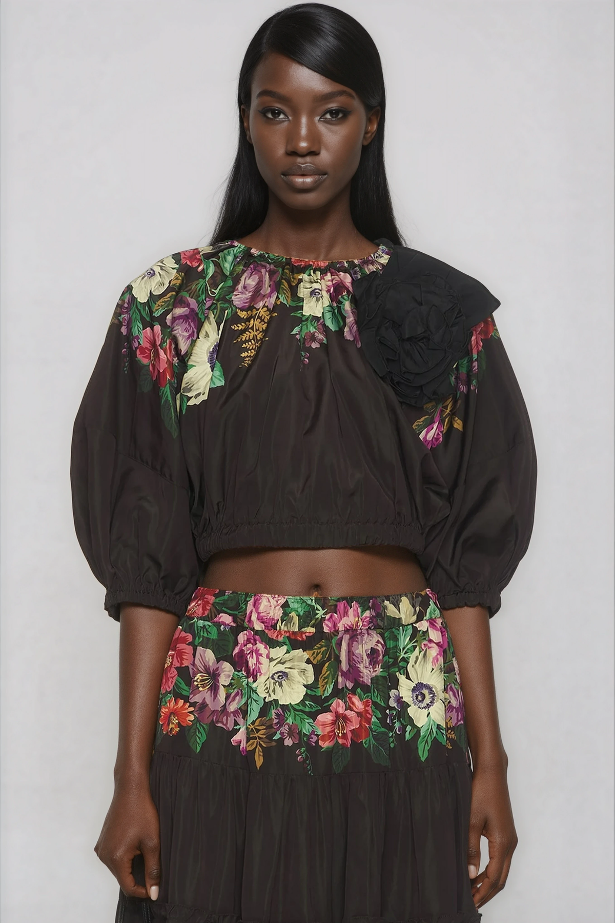 Giotto Balloon Sleeve Flower Ruch Skirt Set