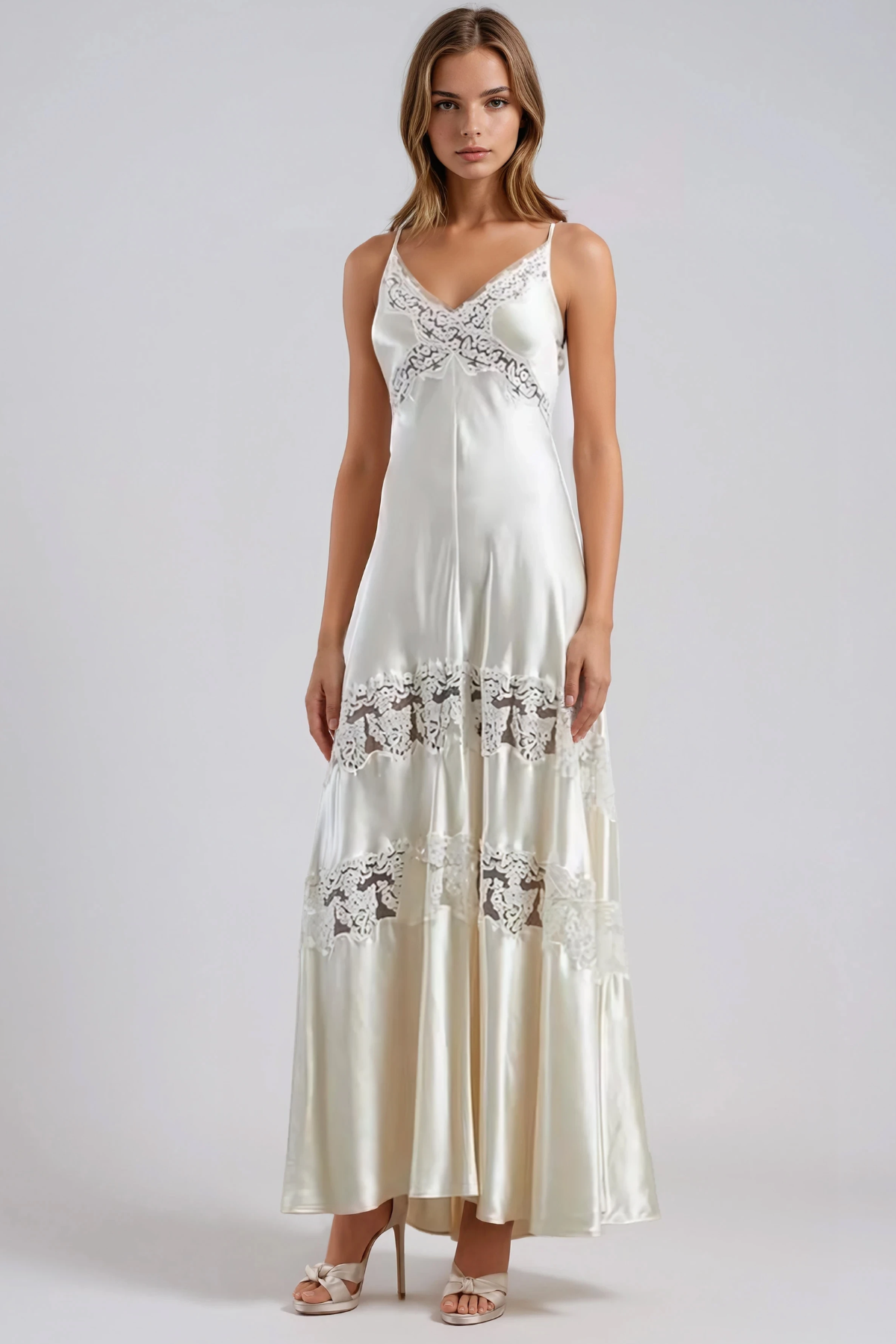 Hamidah Spaghetti Satin Lace Maxi Dress